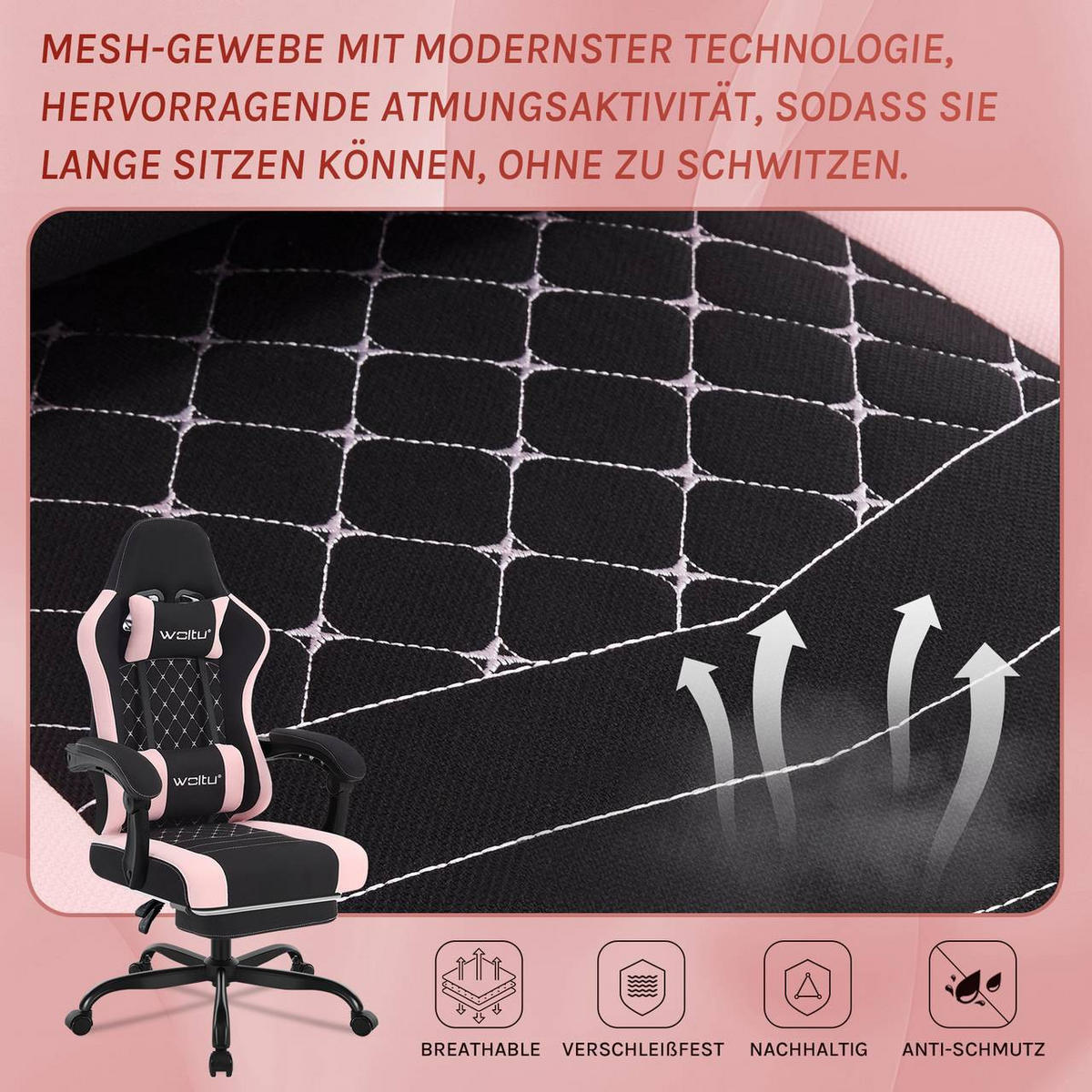 GAMINGSTUHL mit Massagefunktion, Netzstoff, Schwarz+Rosa - Schwarz/Rosa, Textil/Metall (70/127/70cm) - Woltu