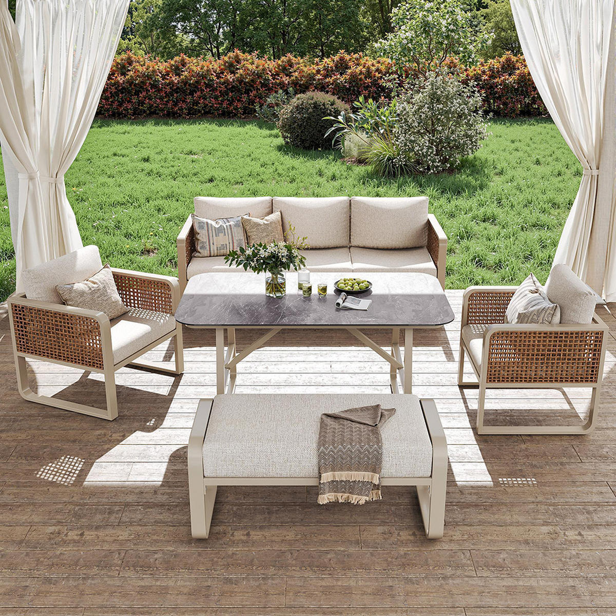 GARTENMÖBELSET für 6-7 Personen,PE-Rattan Sitzgruppe in Beige - Beige, Metall