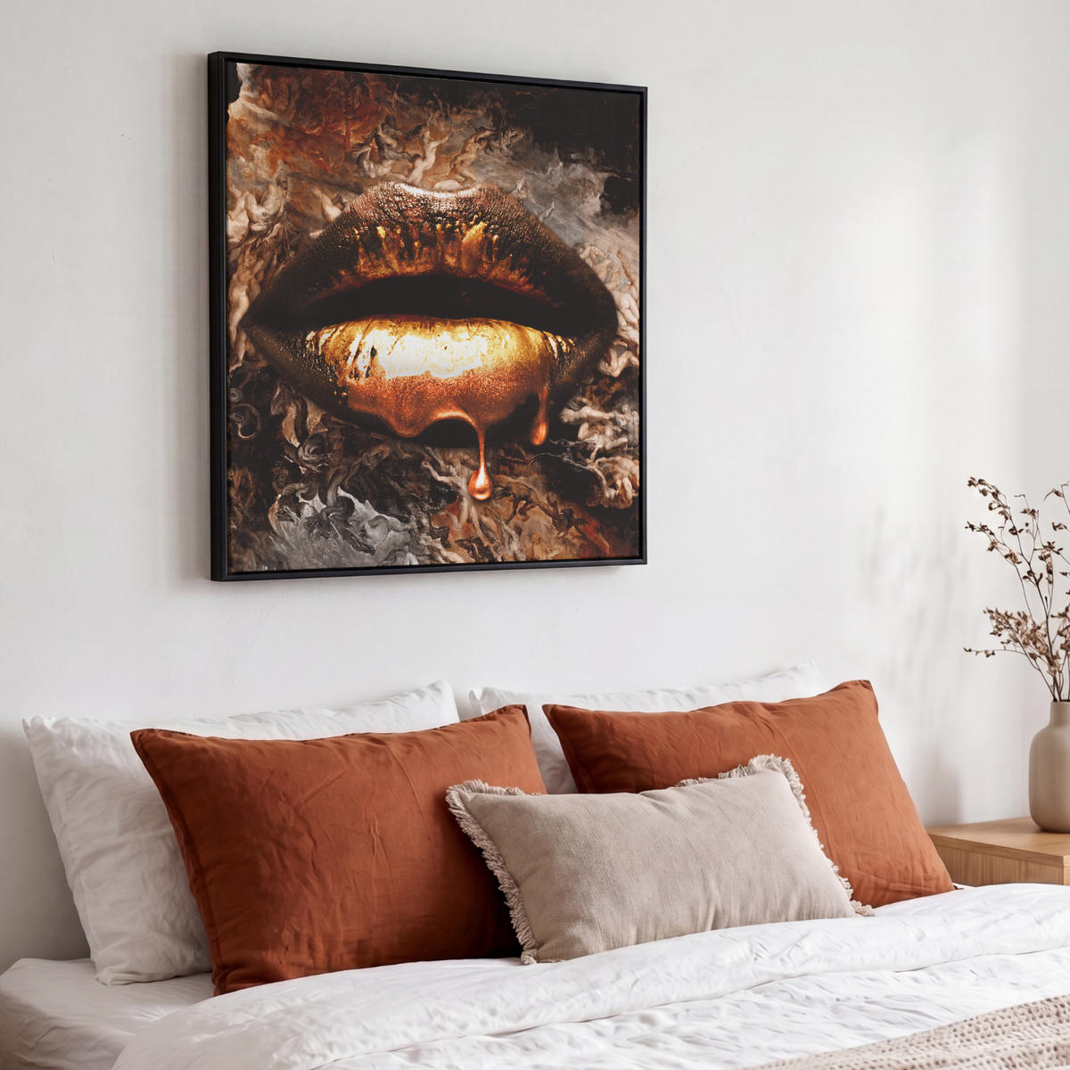 LEINWAND Bilder mit Rahmen - Gold - Lippen - Kunst - Gold - Luxus - Abstrakt - 50x50 - Kupferfarben, Textil (50/50cm) - MuchoWow