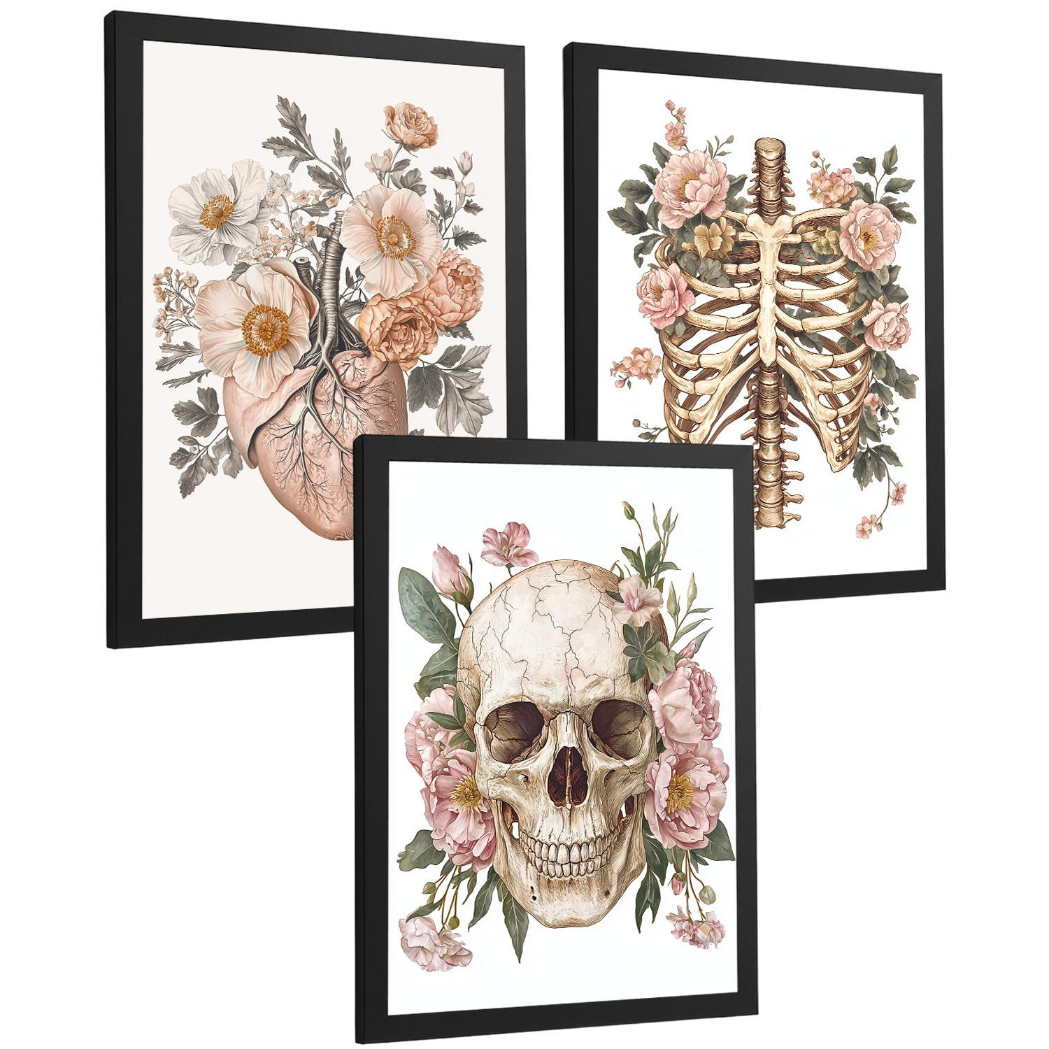POSTER Set aus 3 Anatomie Mensch Florale Drucke und Wandbilder mit Herz Schädel und Brustkorb Weicher Vintage Stil Größe Schwarzer Rahmen A4 - Schwarz, Papier (21/29.7/3cm) - Nacnic