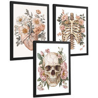 POSTER Set aus 3 Anatomie Mensch Florale Drucke und Wandbilder mit Herz Schädel und Brustkorb Weicher Vintage Stil Größe Schwarzer Rahmen A4 - Schwarz, Papier (21/29.7/3cm) - Nacnic