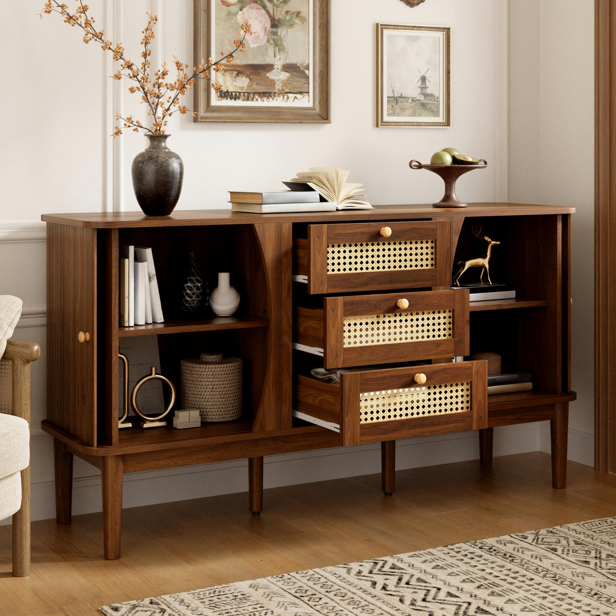 SIDEBOARD Rattan Schiebetüren verstellbare Böden modern - Walnussfarben, Holzwerkstoff (40/73/140.5cm) - FLIEKS