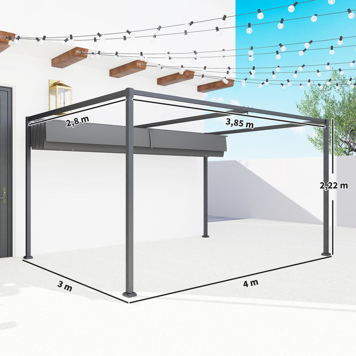 PERGOLA, Robuster Sonnenschutz für Garten, Balkon, Terrasse, aus Metall und Kunststoff, UV- und wasserabweisend, Dunkelgrau - Dunkelgrau, Metall (400/222/300cm)