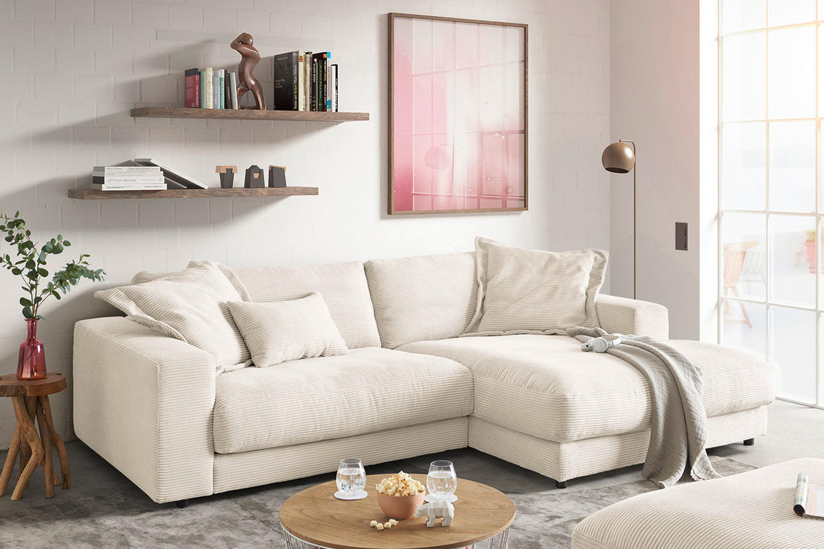 ECKSOFA MADELINE Cremeweiß Cord - Creme/Schwarz, Kunststoff/Textil (270/190cm) - KAWOLA
