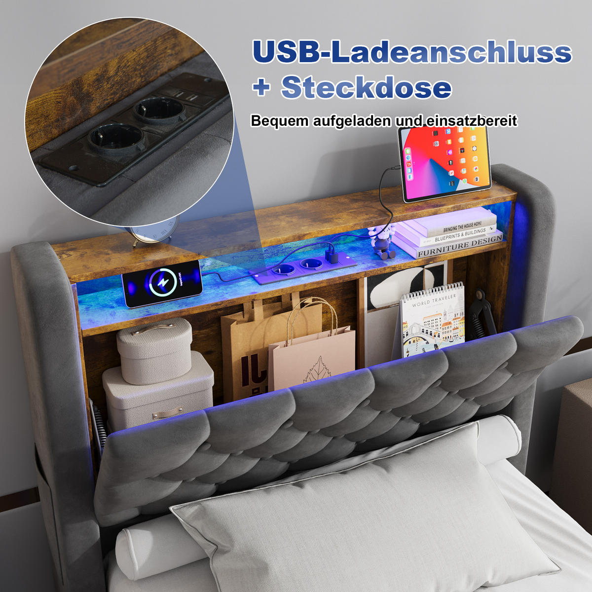 POLSTERBETT 90/200 cm mit hydraulischem Bettkasten, Schubladen, Klappbares Kopfteil, LED-Beleuchtung, Grau - Grau, Textil (90/200cm) - Redom