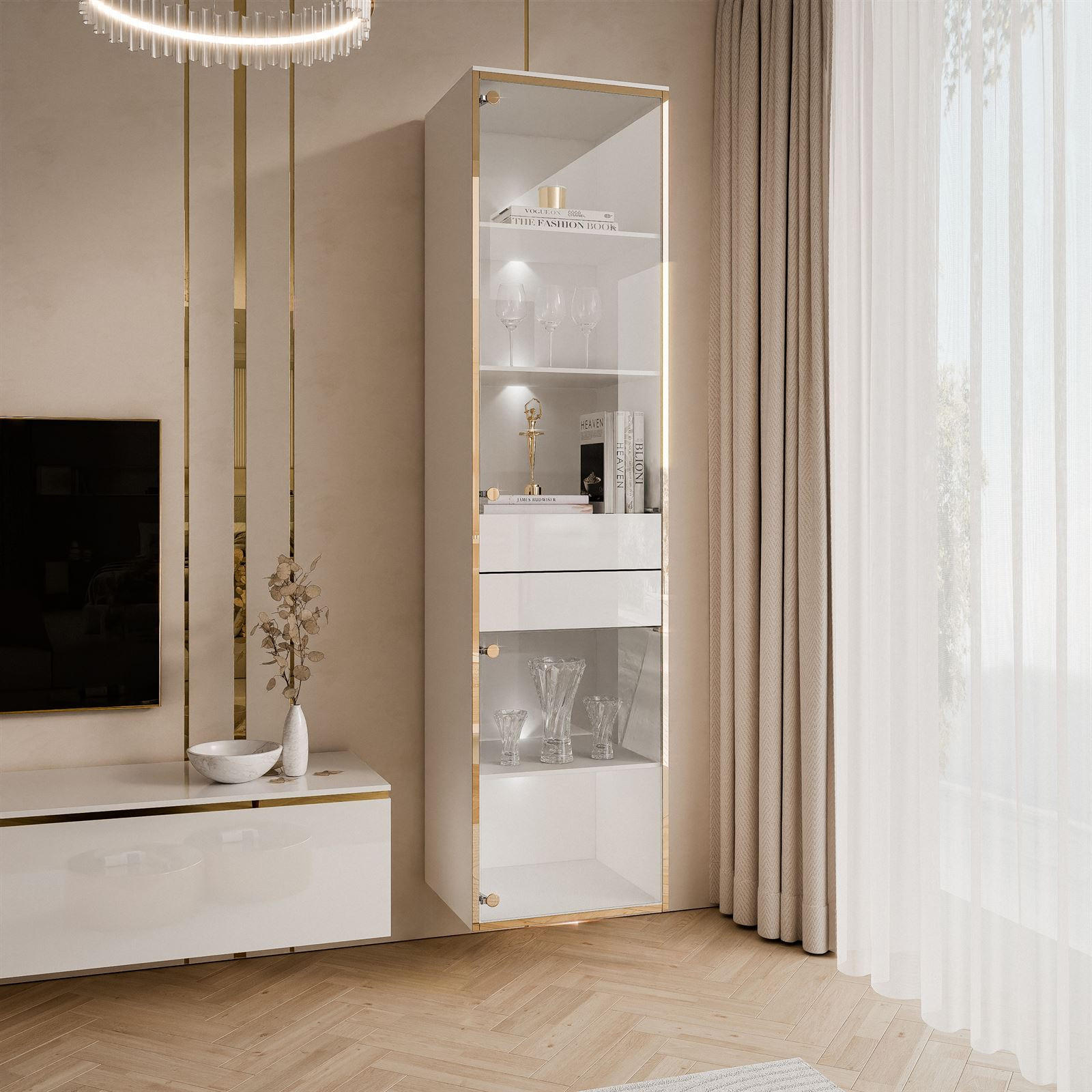 VITRINE HÄNGENDE AURORA in Weiß hochglanz mit LED-Beleuchtung - Weiß Hochglanz, Holzwerkstoff (45/181/40cm) - Lookway