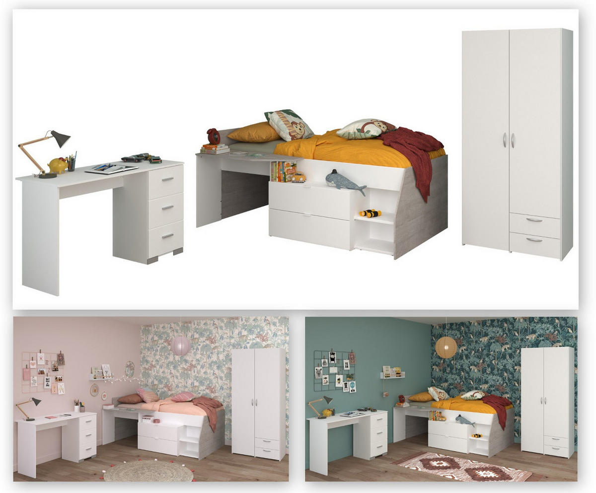 KINDERZIMMER weiß, grau, Komplett-Set mit Stauraumbett, Kleiderschrank, Schreibtisch - Silberfarben/Weiß, Holzwerkstoff/Kunststoff (135/185/203cm) - Parisot Meuble
