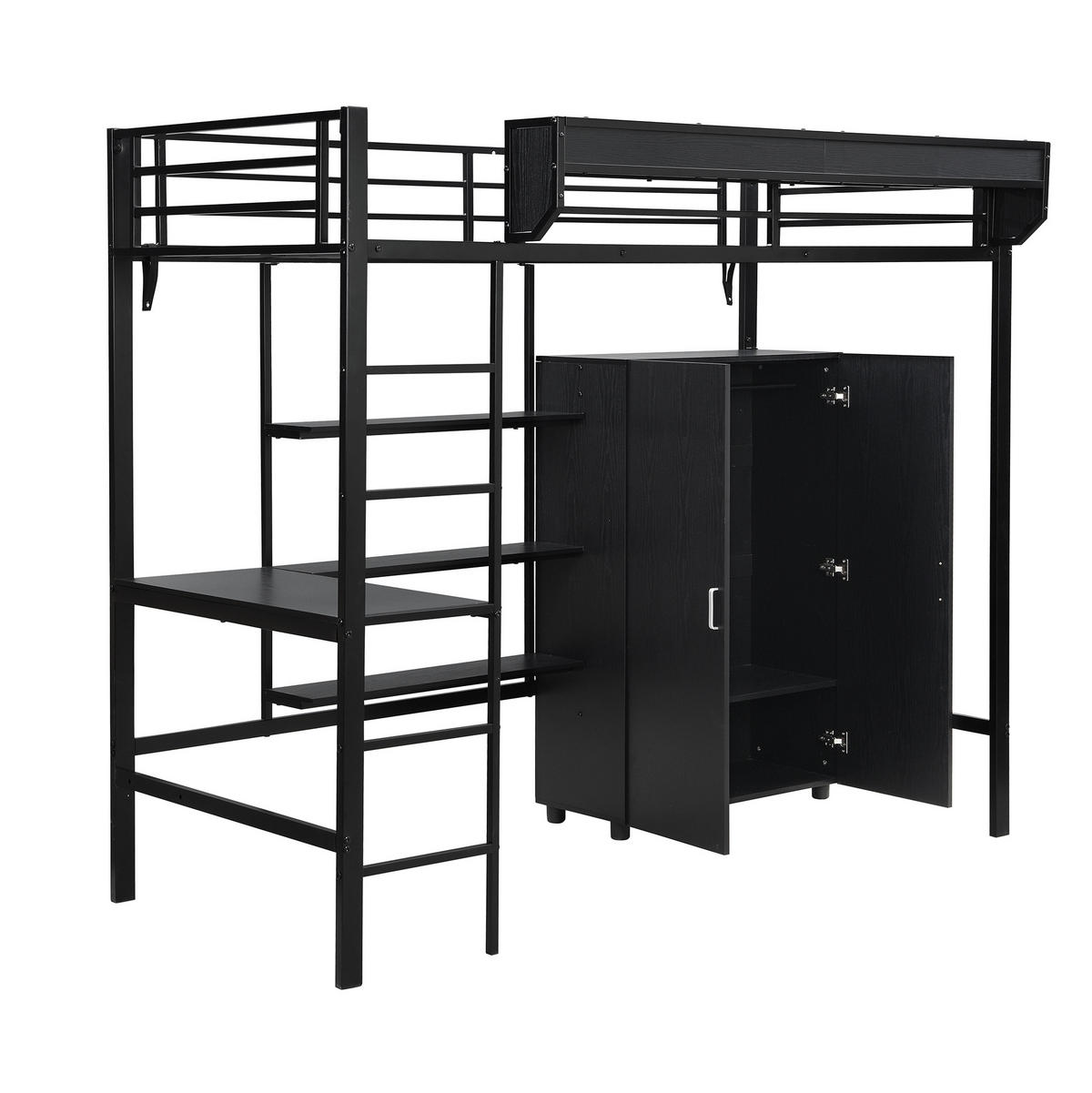 ETAGENBETT 90/200 cm Schwarz mit Tisch und Kleiderschrank - Weiß, Metall (90/200cm) - Flora Grace