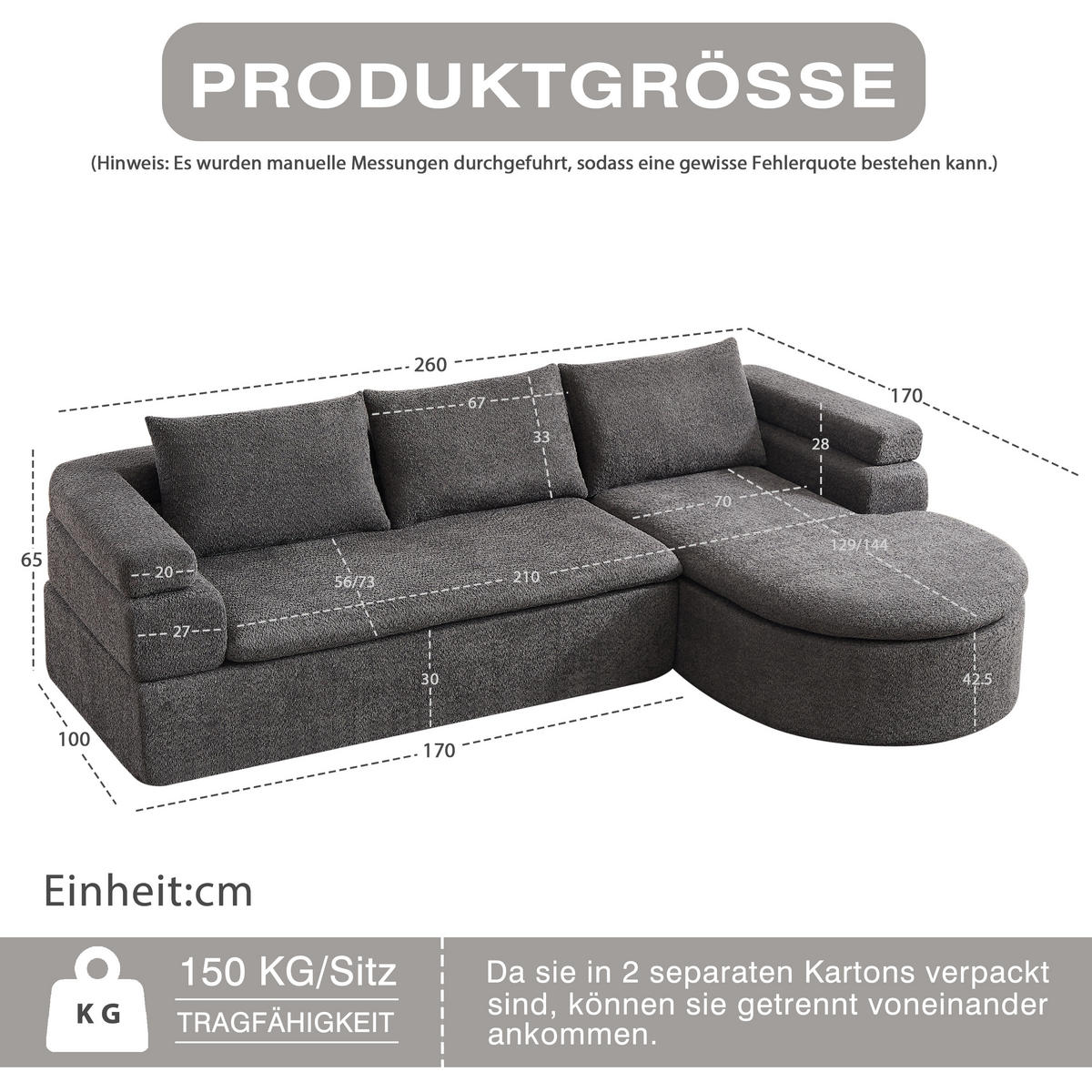 ECKSOFA 260/170/65 cm Grau Chenille mit Chaiselongue - Grau, Textil (260/170cm) - Oxeza