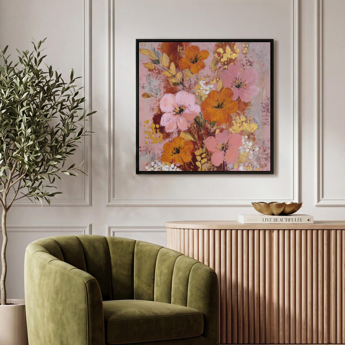 LEINWAND Bilder mit Rahmen - Malerei - Blumen - Rustikal - Rosa - 50x50 - Altrosa, Textil (50/50cm) - MuchoWow