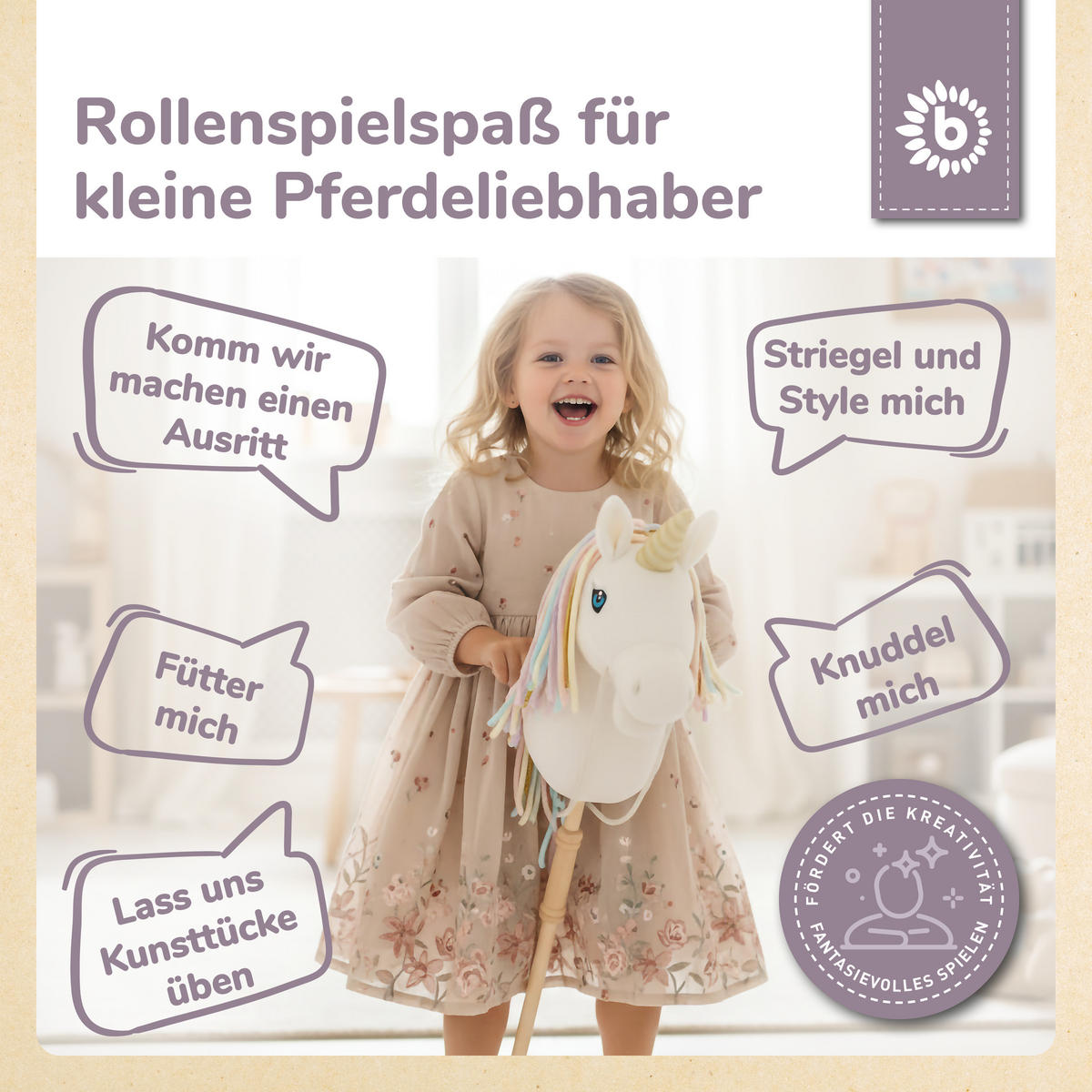 STECKENPFERD Einhorn Rainbow aus Holz - Weiß, Textil (33/92cm) - Bieco Spielwaren