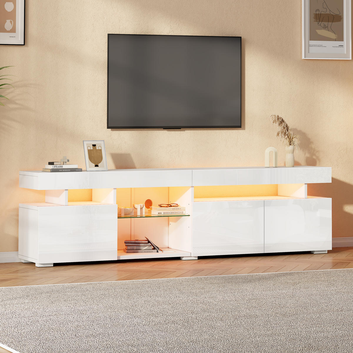 LOWBOARD in Weiß Hochglanz-TV-Schrank mit verstellbaren Einlegeböden für Fernseher bis ca. 80 Zoll, B180/T35/H45 cm - Weiß, Glas/Holzwerkstoff (180/45/35cm) - STILVORA