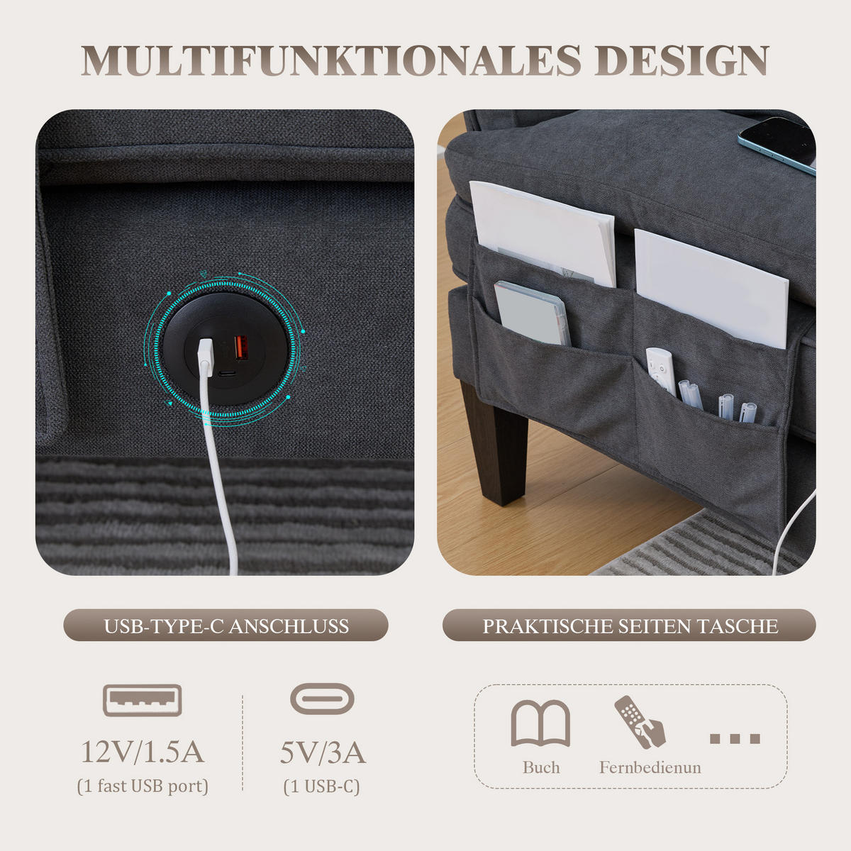 WOHNLANDSCHAFT 250/130/88 cm Dunkelgrau Leinen mit Aufbewahrungsfach und USB/Type-C-Ladeanschluss - Dunkelgrau, Textil (250/88/130cm) - Oxeza