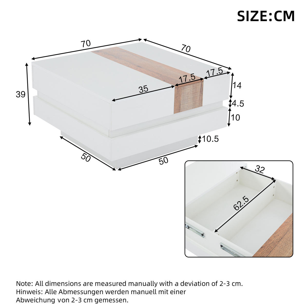 KLUB stolić 70/70/39 cm bijeli i u boji prirodnog drva od iverice s izvlačivom pločom i pohranom - bijela, drvni materijal (70/70/39cm) - OKWISH