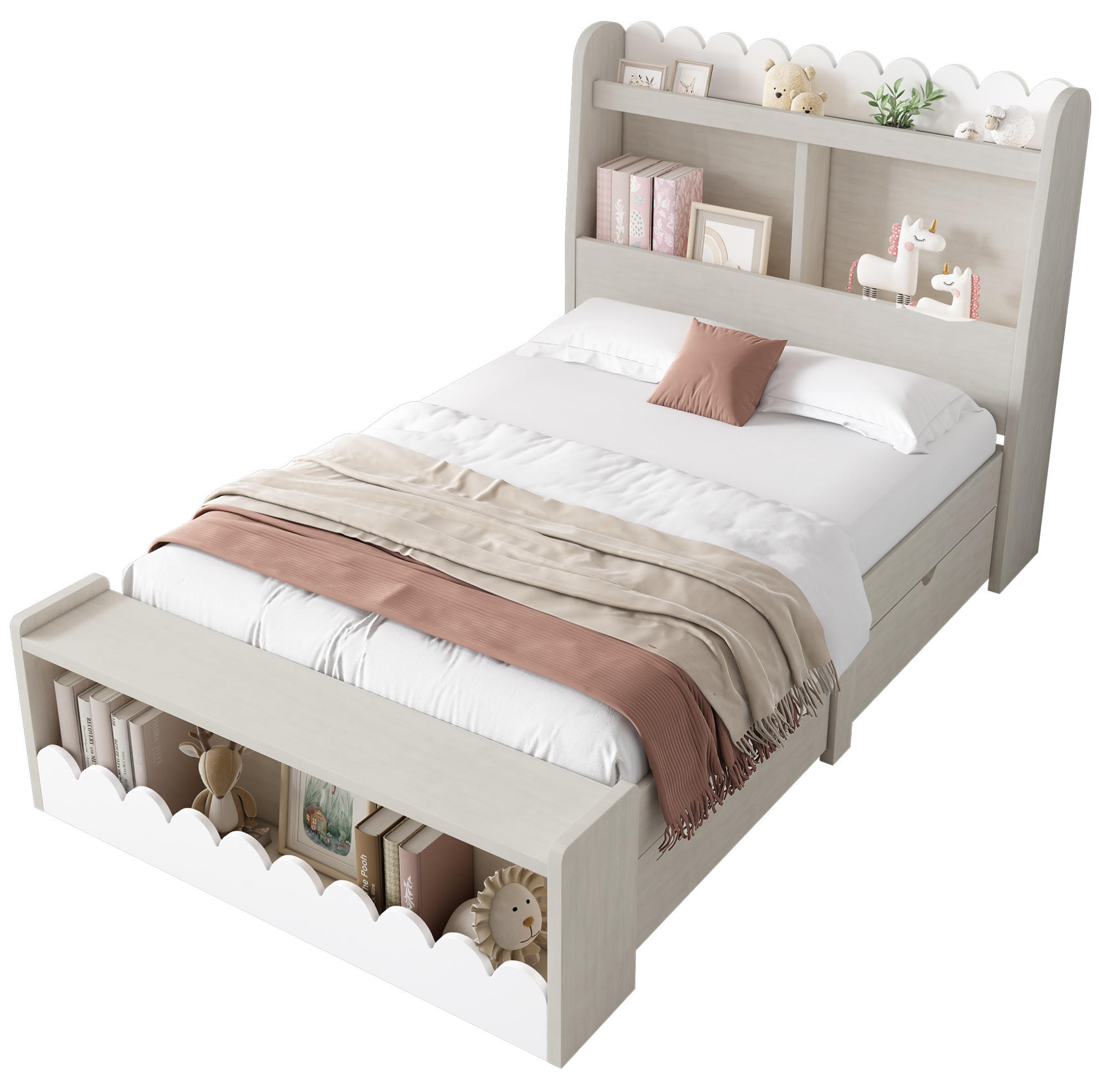 KINDERBETT 90/200 cm mit Schubladen, Regal, Sitzbank und Lattenrost - Weiß, Holzwerkstoff (90/200cm) - BEAOK