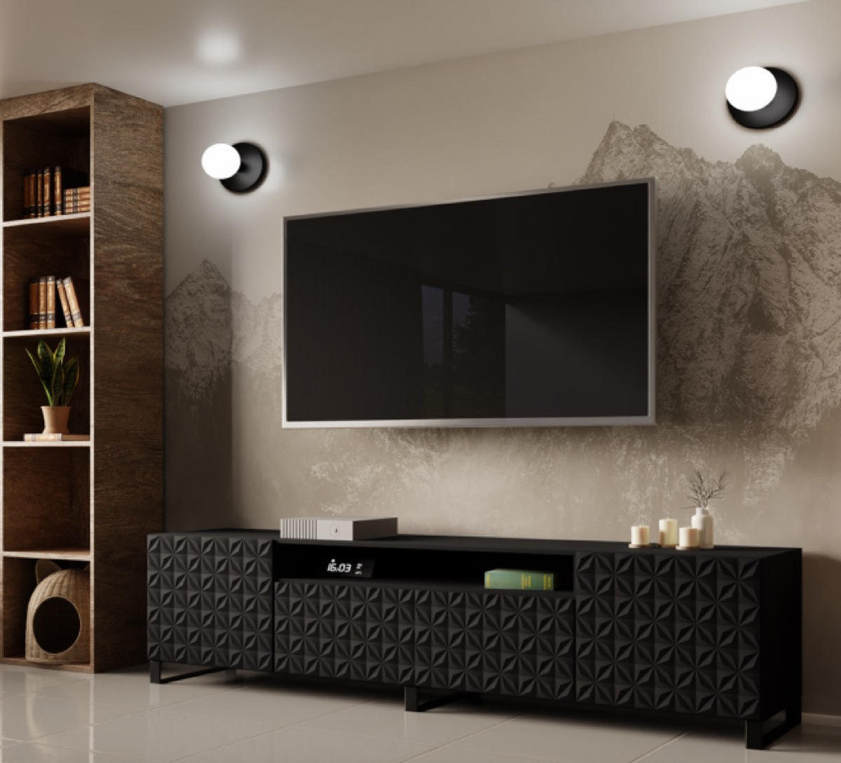 TV-LOWBOARD Schwarz ALI Mit Dekorativen Fronten Für Fernseher 200 cm - Schwarz, Holzwerkstoff (200/53/41cm) - Sepro Meble