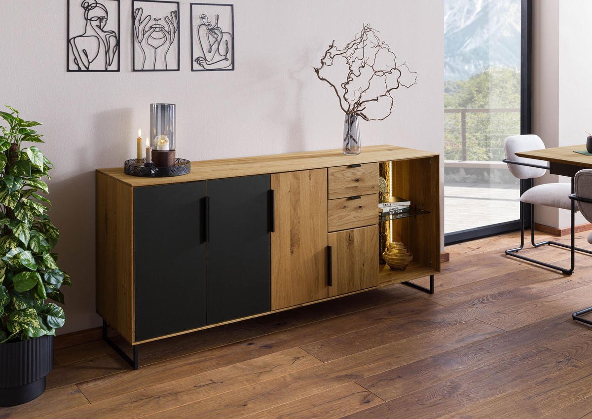 SIDEBOARD Wildeiche 180x43x79 natur geölt LINDAU #109 - Braun, Holz (180/79/43cm) - Massivmoebel24