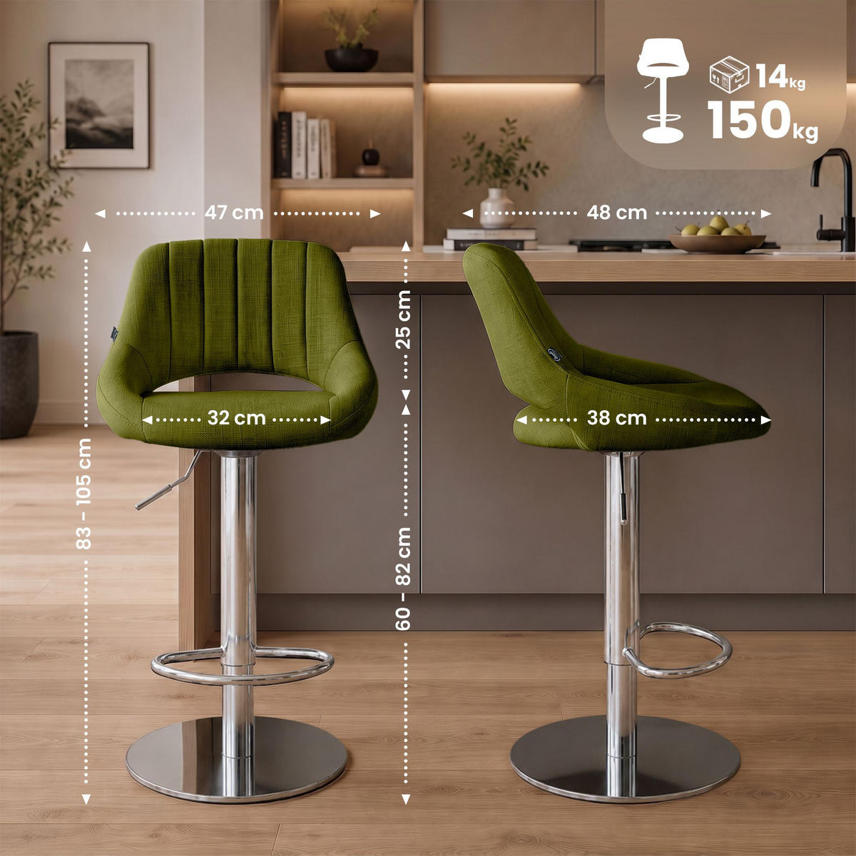 BARHOCKER 2 Stoff Grün - Chromfarben/Grün, Textil/Metall (47/83/48cm) - CLP