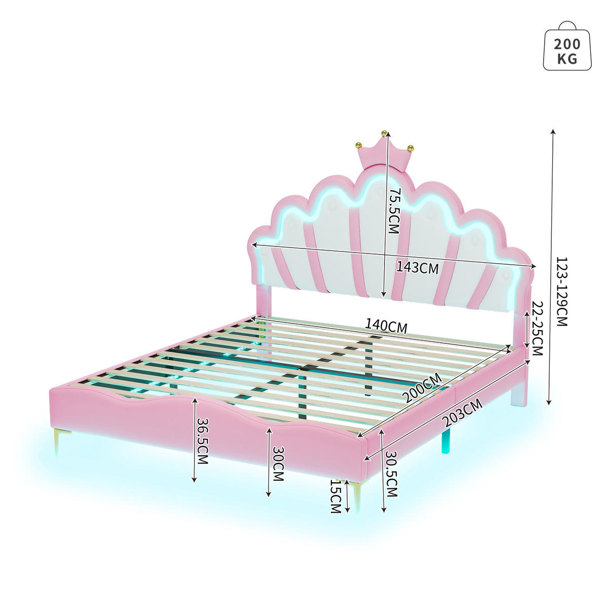 DOPPELBETT aus Kunstleder 140x200 cm Rosa mit LED-Beleuchtung und Kronen-Kopfteil - Rosa, Kunststoff (140/200cm) - IVMEU