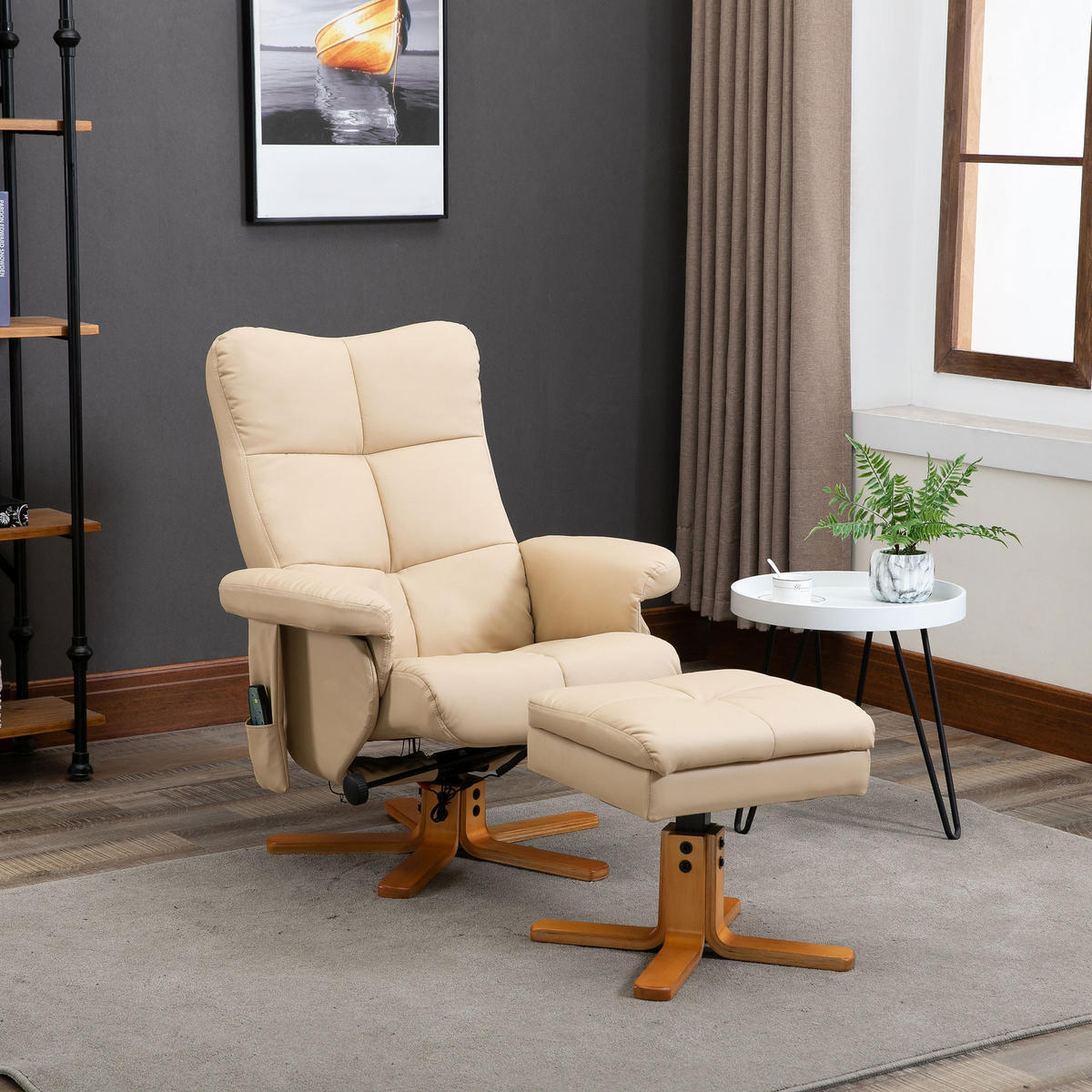 RELAXAČNÍ KŘESLO s funkcí polohování Masážní křeslo s podnožkou Polyester Krémově bílá - krémová/šampaňská, dřevo/kůže (86/99/80cm) - HOMCOM