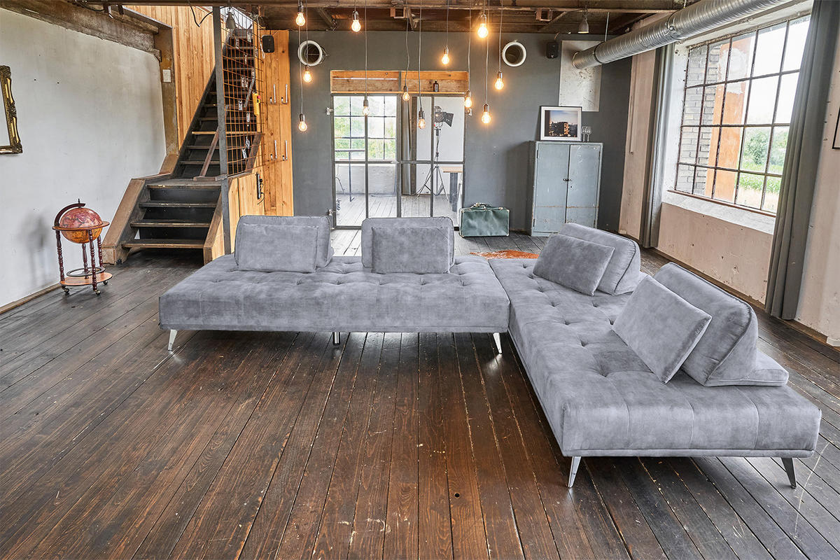 ECKSOFA WIOLO Grau Velvet - Silberfarben/Grau, Textil/Metall (350/240cm) - KAWOLA