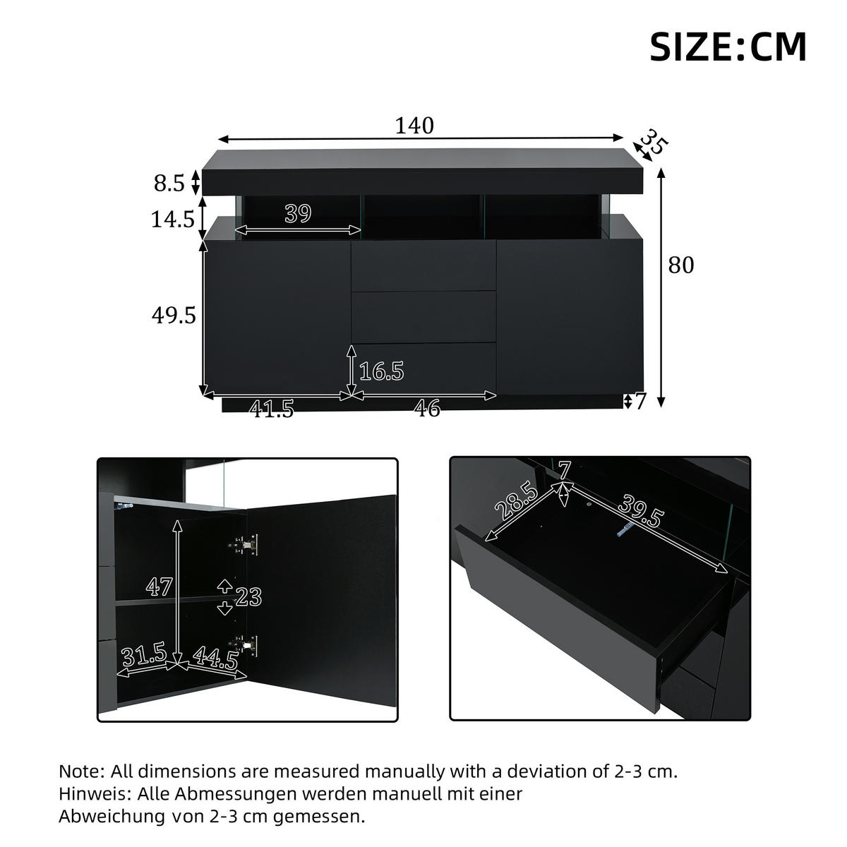 SIDEBOARD LED Schwarz Hochglanz Acryl 140x35x80cm Kaffeebar - Schwarz, Holzwerkstoff (35/80/140cm) - FLIEKS