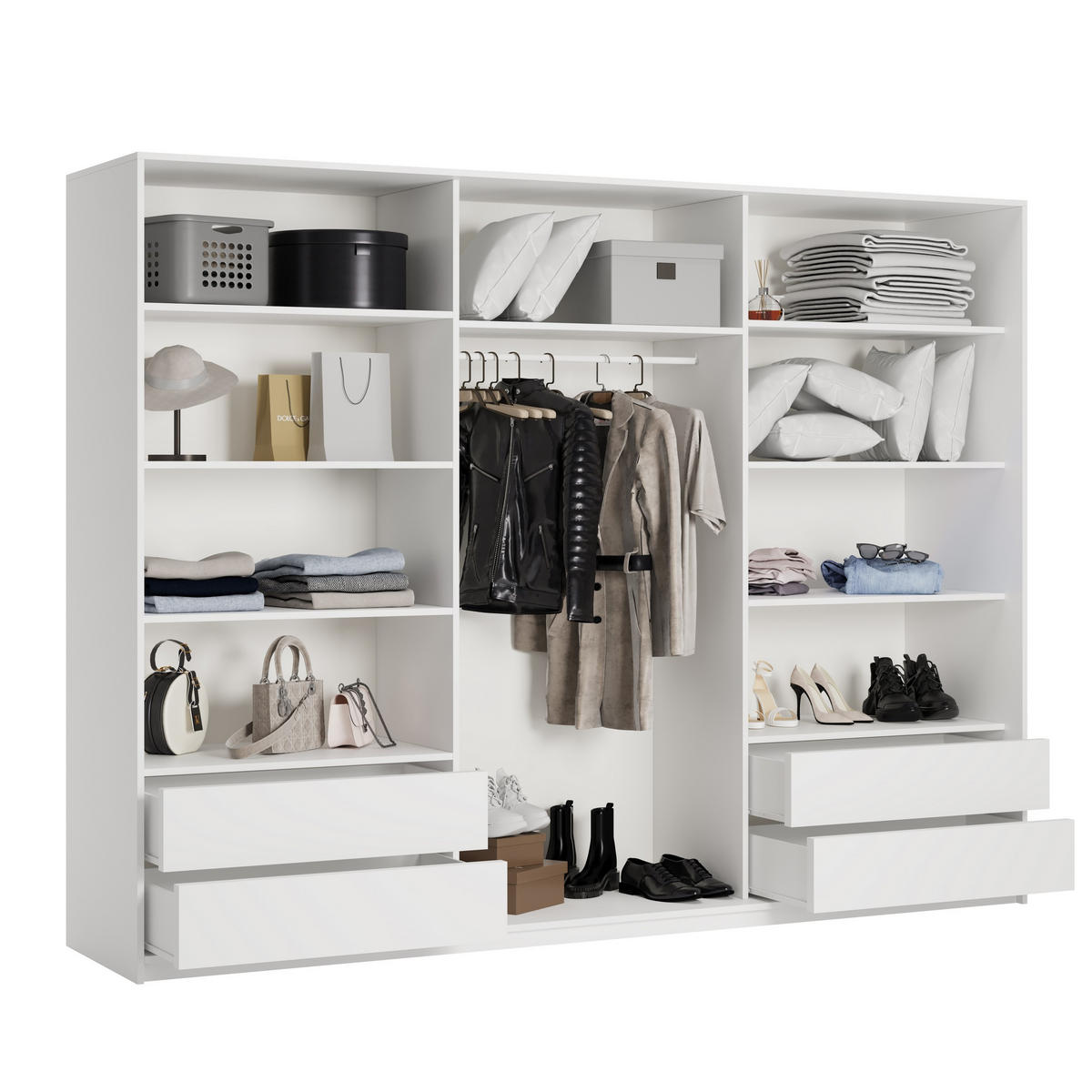 SCHWEBETÜRENSCHRANK NISSE 250/205/60 cm 3-türig mit Schubladen Weiß - Weiß/Nickelfarben, Holzwerkstoff (250/205/60cm) - MASSENO