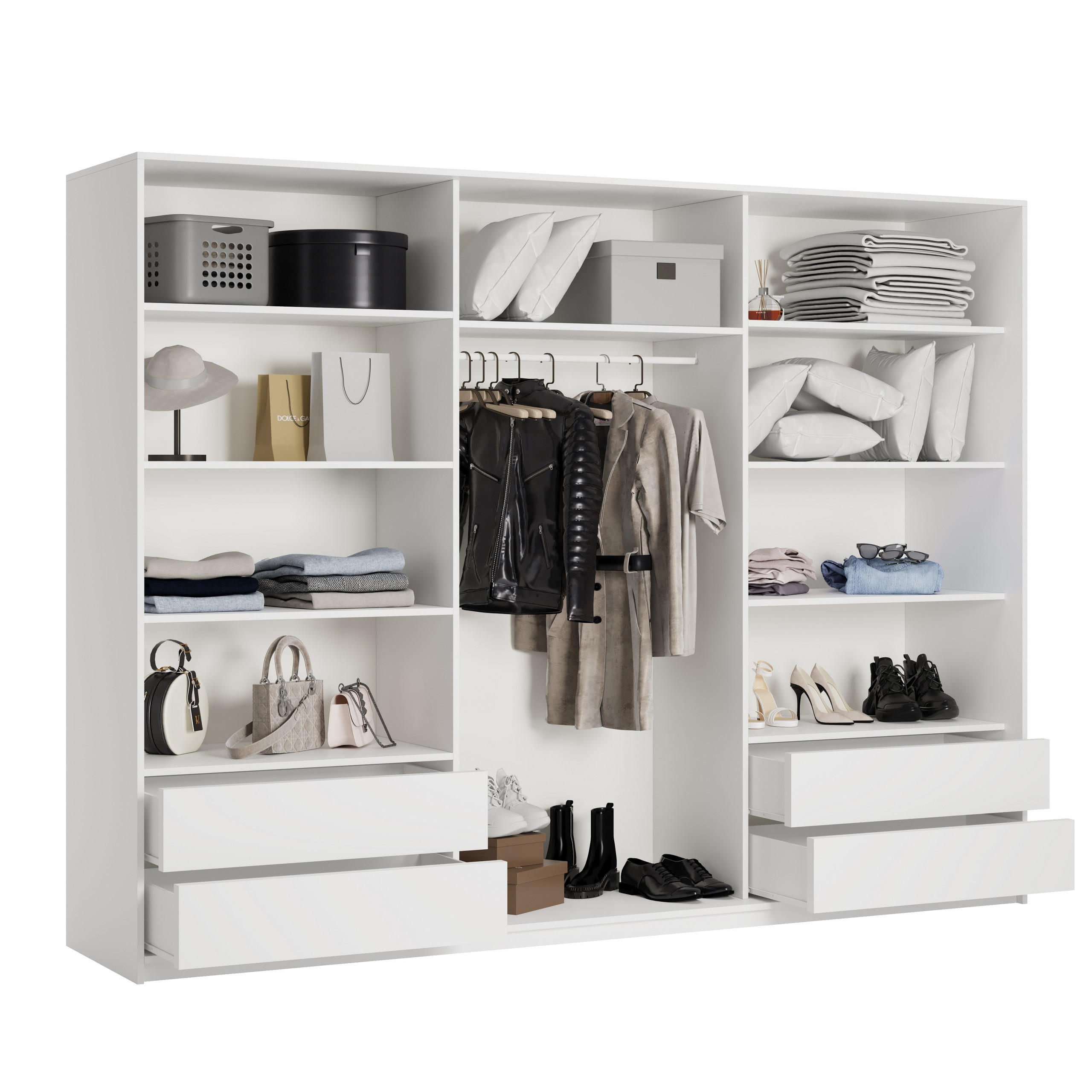 Thumbnail - Masseno Schwebetürenschrank, Weiß, Holzwerkstoff, 9 Fächer, 4 Schubladen, Rechteckig, 270x205x60 cm, Schlafzimmer, Kleid...