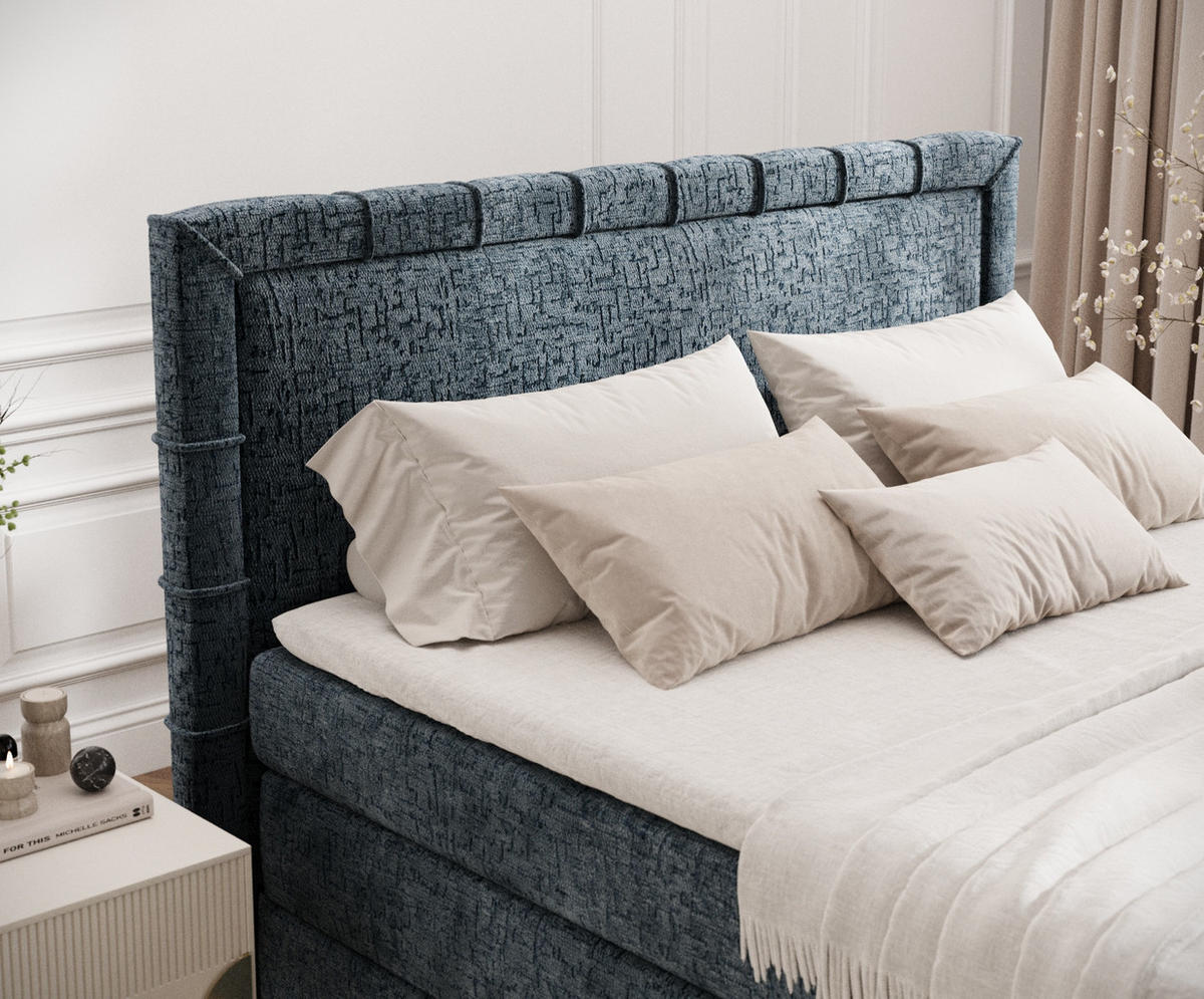 BOXBETT Estelle Blau 140/200 cm im Chenille-Stoff - Blau/Schwarz, Holz/Holzwerkstoff (140/200cm) - Maison de Reve