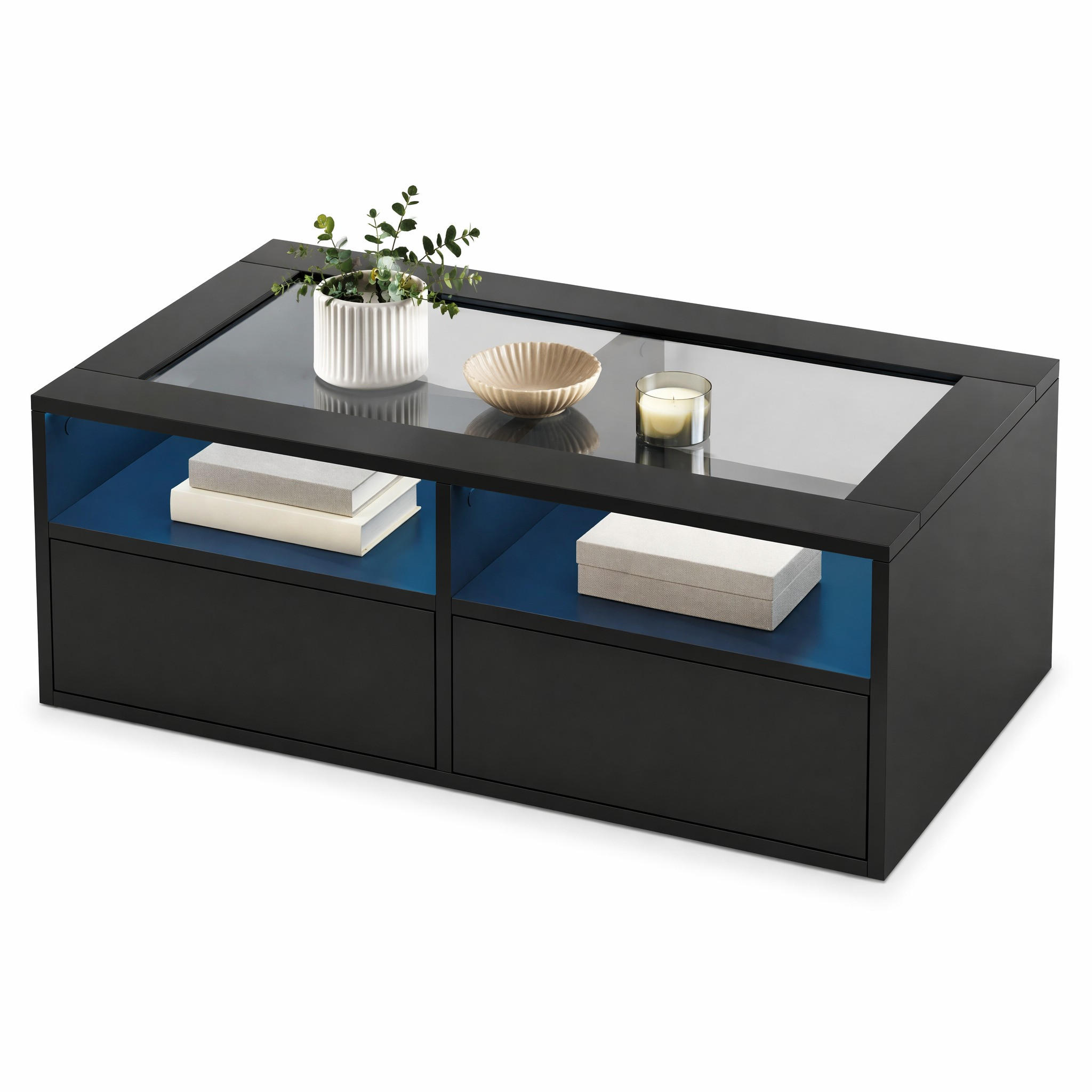 COUCHTISCH in Schwarz Wohnzimmertisch mit LED-Beleuchtung, Glasplatte, 2 Schubladen & offenem Stauraum, B100/T50/H35cm - Schwarz, Glas/Holzwerkstoff (50/100/35cm) - STILVORA