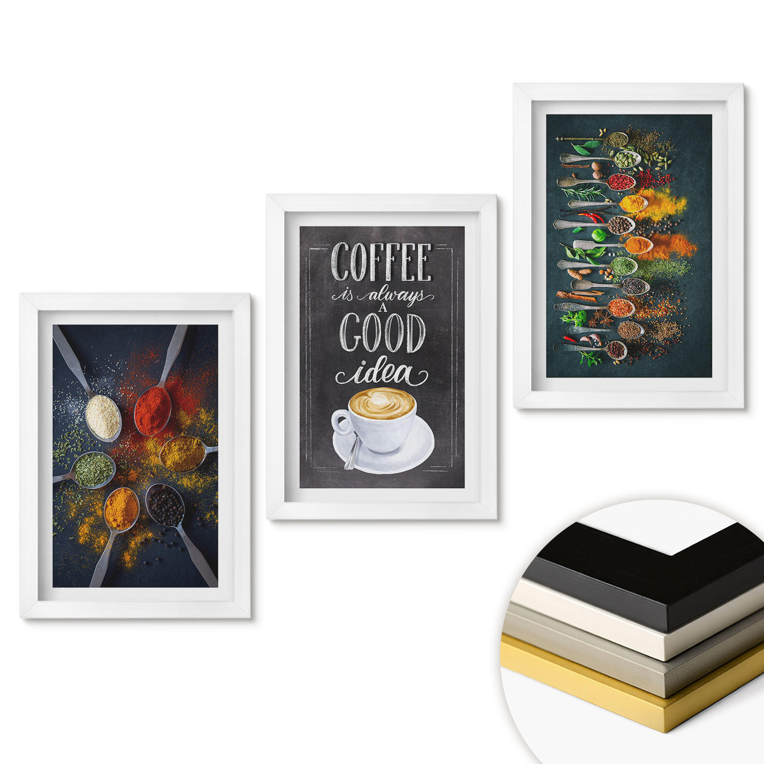WANDBILDER 3er-Set - 20x30 cm Weißer Rahmen - Gewürze, Kaffee, Kräuter, Muster - Weiß, Kunststoff (20/30cm) - ArtPrintCave