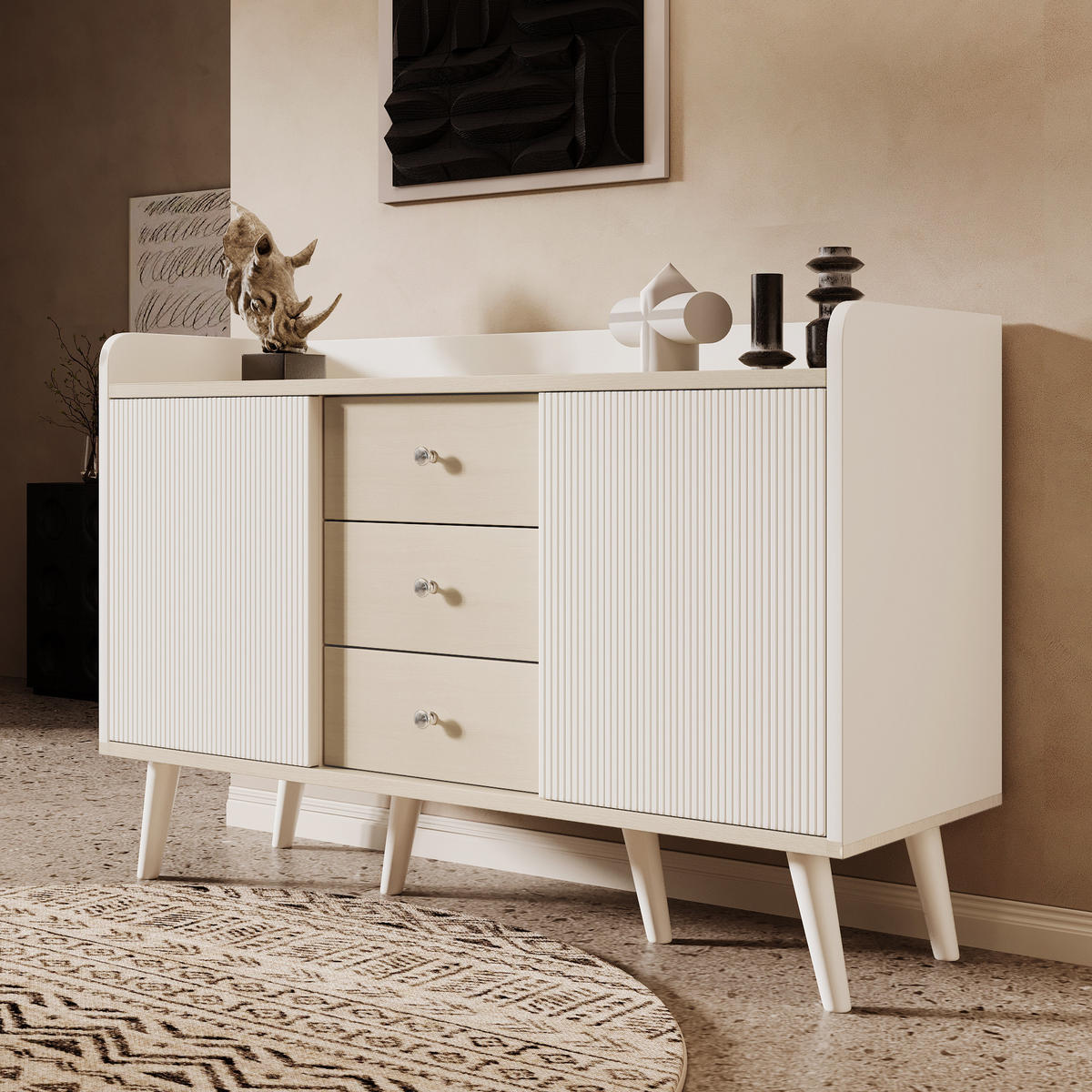 SIDEBOARD mit Schiebetüren & 3 Schubladen, Weiß und Holzoptik - Beige, Holzwerkstoff/Metall (117.5/79/39.5cm) - Urban Meuble