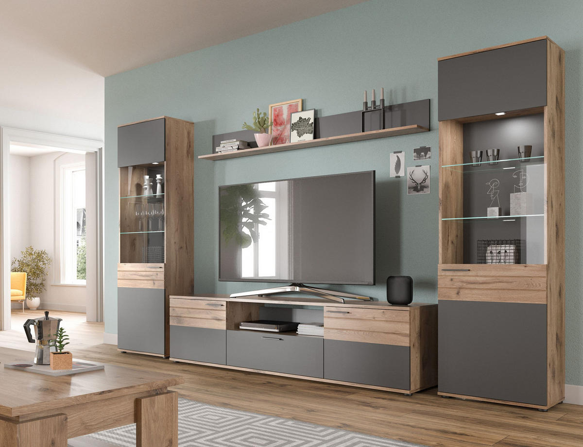 LOWBOARD groß MASON (B/H/T: ca. 194/53/47 cm) in Nox Oak Nachbildung/Basalt grau - Eichefarben, Holzwerkstoff (194/53/47cm)