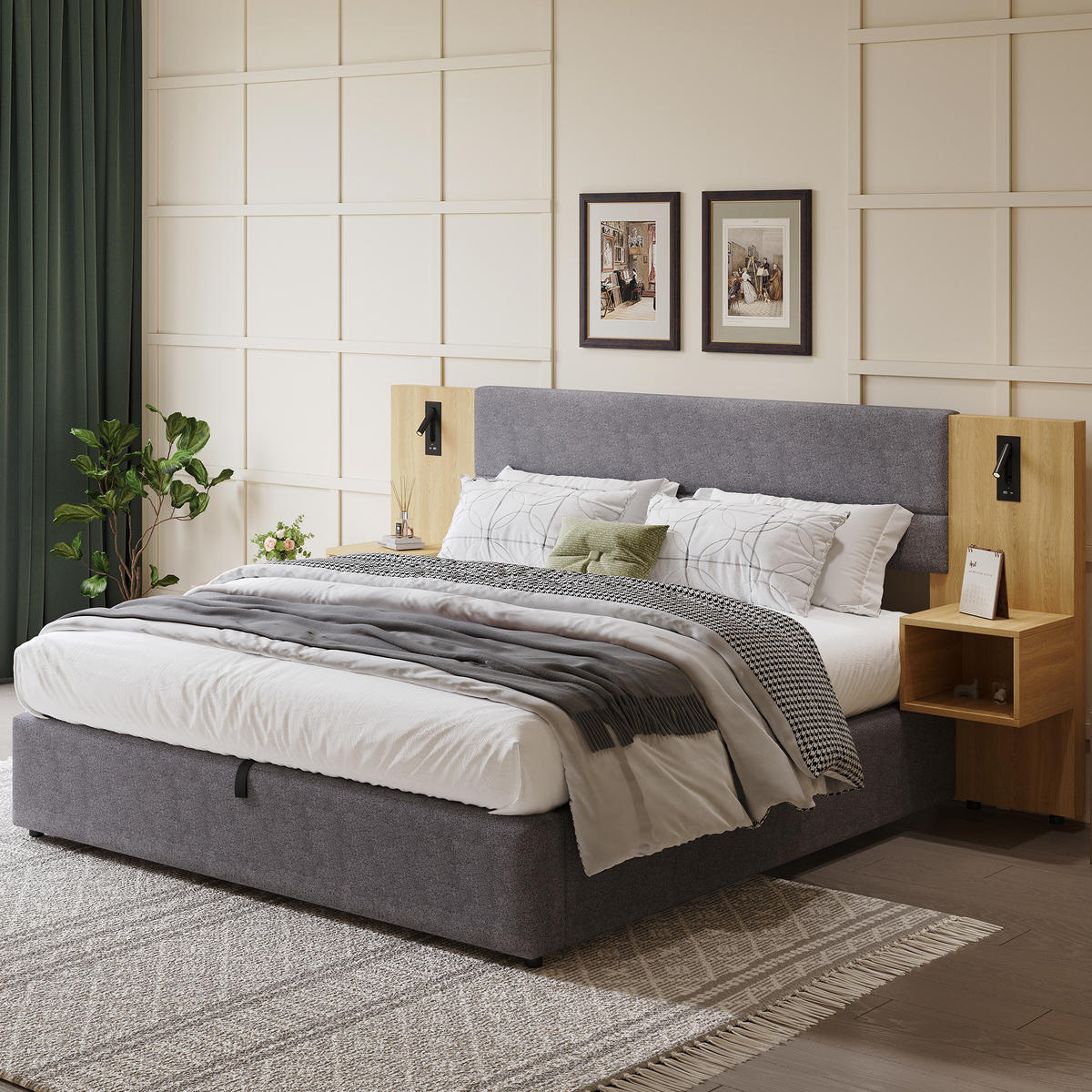 POLSTERBETT 180/200 cm Grau/Natur aus Samt mit Stauraum - Grau, Textil (180/200cm) - OKMYHOME