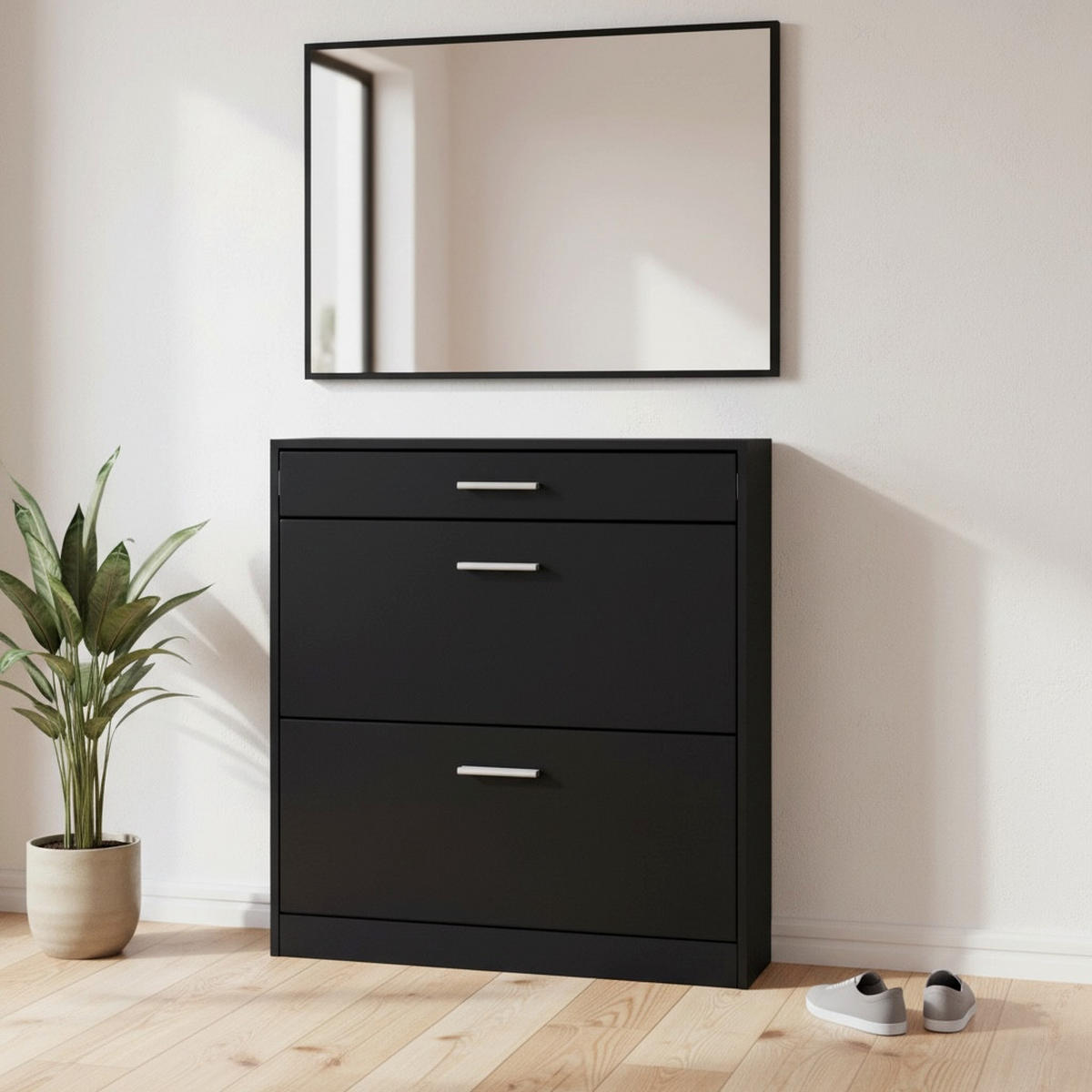 SCHUHSCHRANK Roma Schmal mit 2 Klappen und 1 Schublade, Platzsparender Schuhkipper, Schwarz matt (89 x 95,5 x 23 cm) - Schwarz, Holzwerkstoff (89/95.5/23cm) - InnoFurn