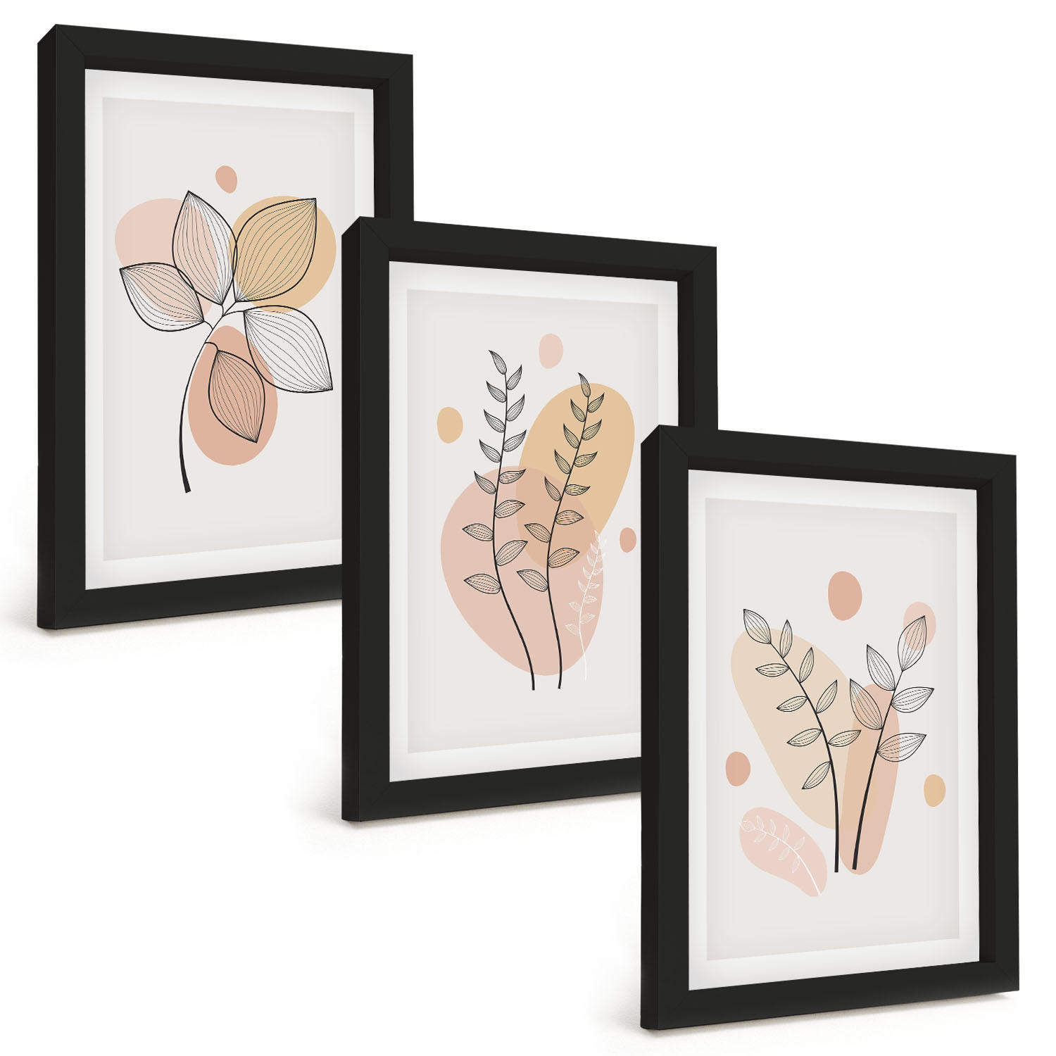 BILDER SET 3er Set - 20x30 cm Schwarzer Rahmen - Pastellfarbene Pflanzenzeichnungen - Schwarz, Kunststoff (20/30cm) - TULUP