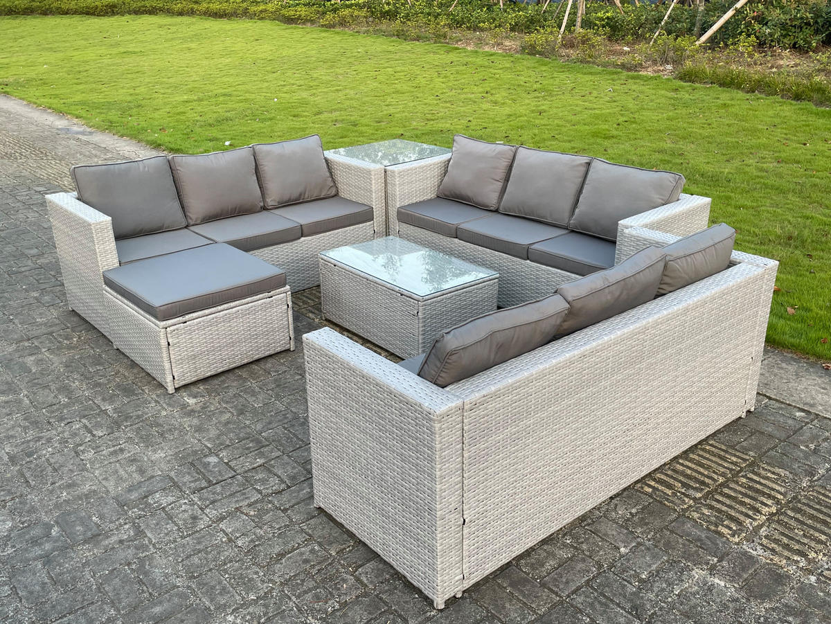 GARTENMÖBEL SET Polyrattan Helles Grau 10-Sitzer - Hellgrau, Metall - Fimous