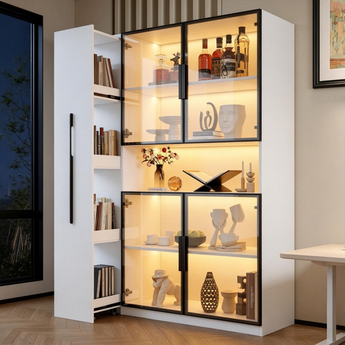 VITRINE LED Ausziehregal Schubladen 160cm Weiß - Weiß, Holzwerkstoff (110/160/35cm) - FLIEKS