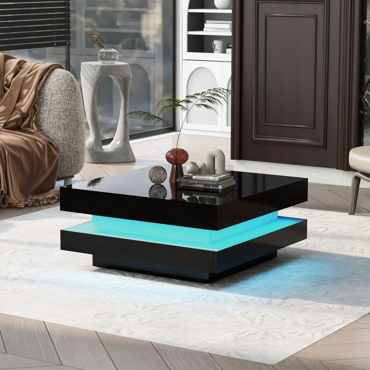 COUCHTISCH 70/70/36 cm mit LED-Beleuchtung, Bluetooth-App-Steuerung und Hochglanz-Oberfläche, Schwarz - Schwarz, Holzwerkstoff (70/70/36cm) - Redom