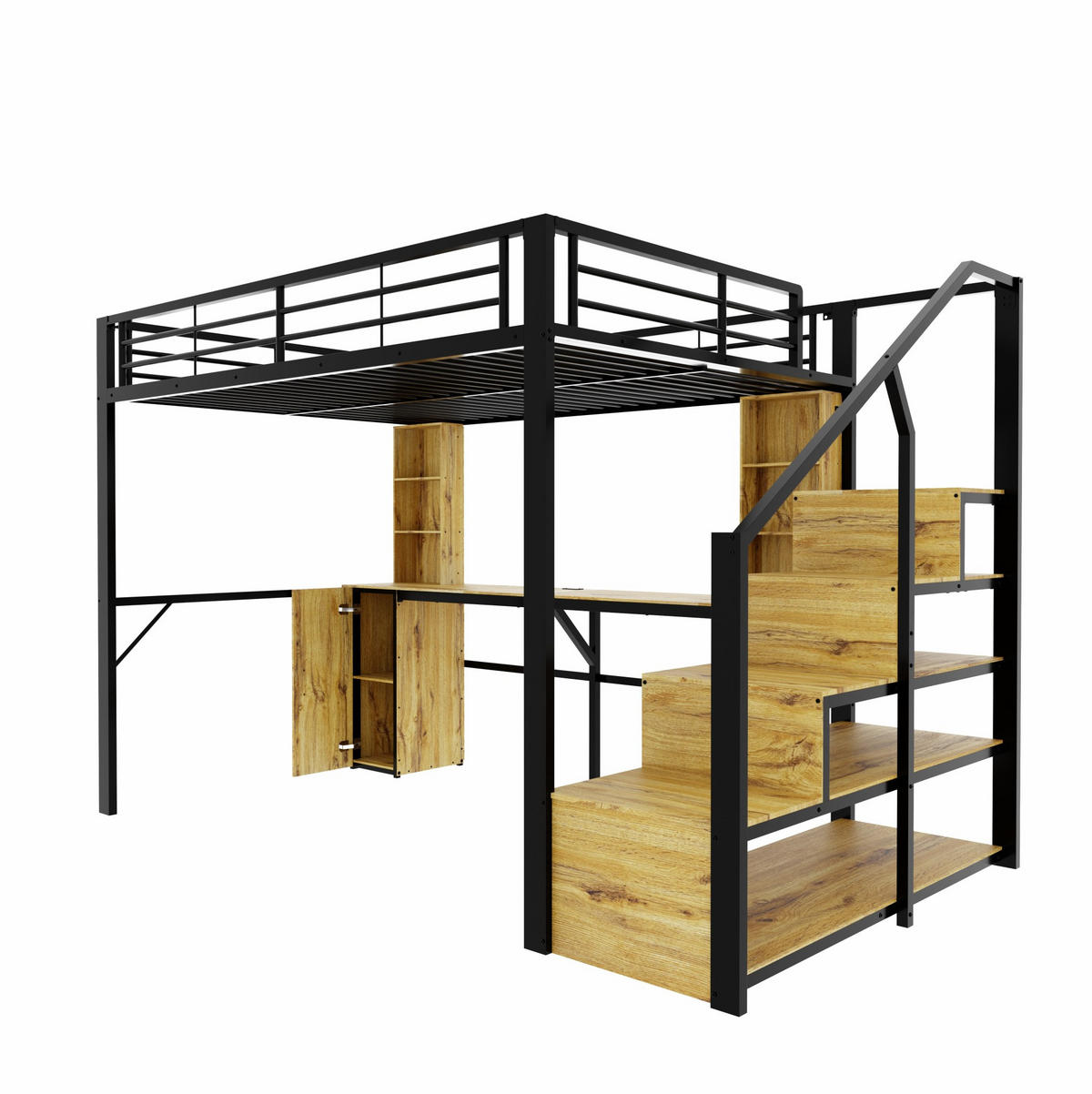 HOCHBETT Metall/MDF 140x200 cm Schwarz mit Schreibtisch, Schrank, Stauraumtreppe und USB-Anschluss - Schwarz, Metall (140/200cm) - Modfu