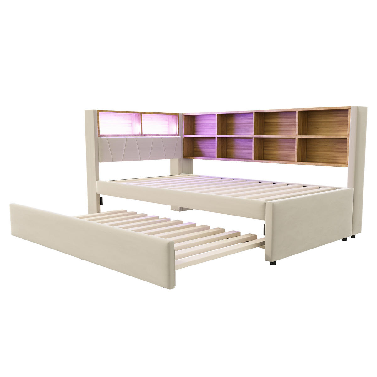 DNEVNI KREVET 90x200 Bež Flanel LED USB Izvlačni 90x190 - bež, tekstil (90/200cm) - FLIEKS