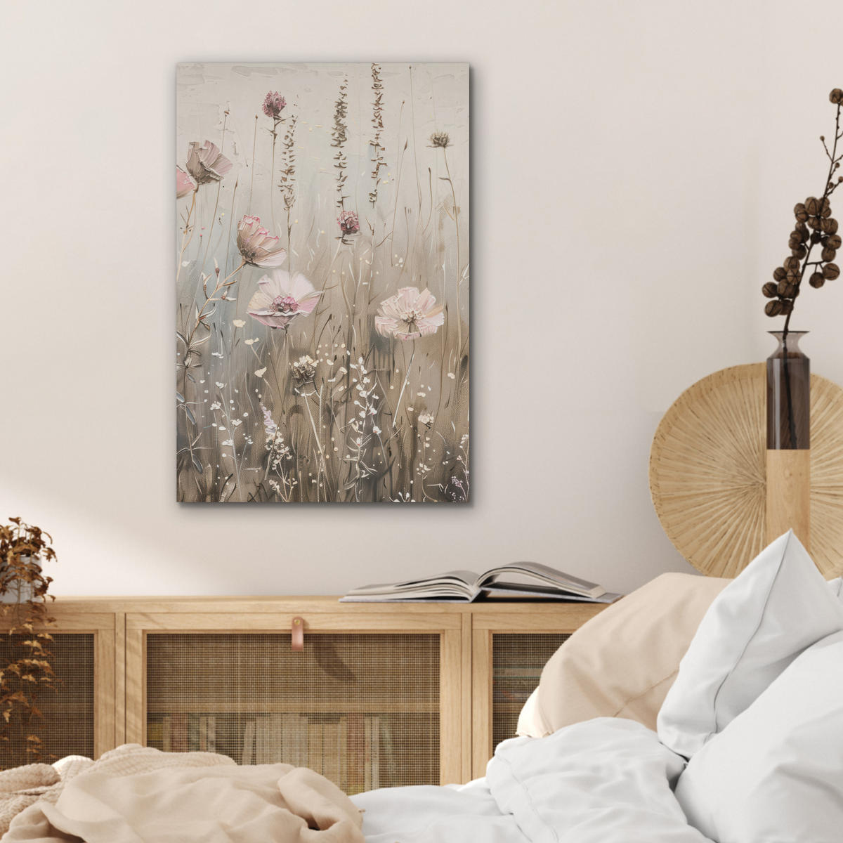 AKUSTIKBILD Blumen - Rosa - Modern - Beige Kunstdruck Schlafzimmer 50x70 cm - Beige, Kunststoff (50/70/0.9cm) - MuchoWow