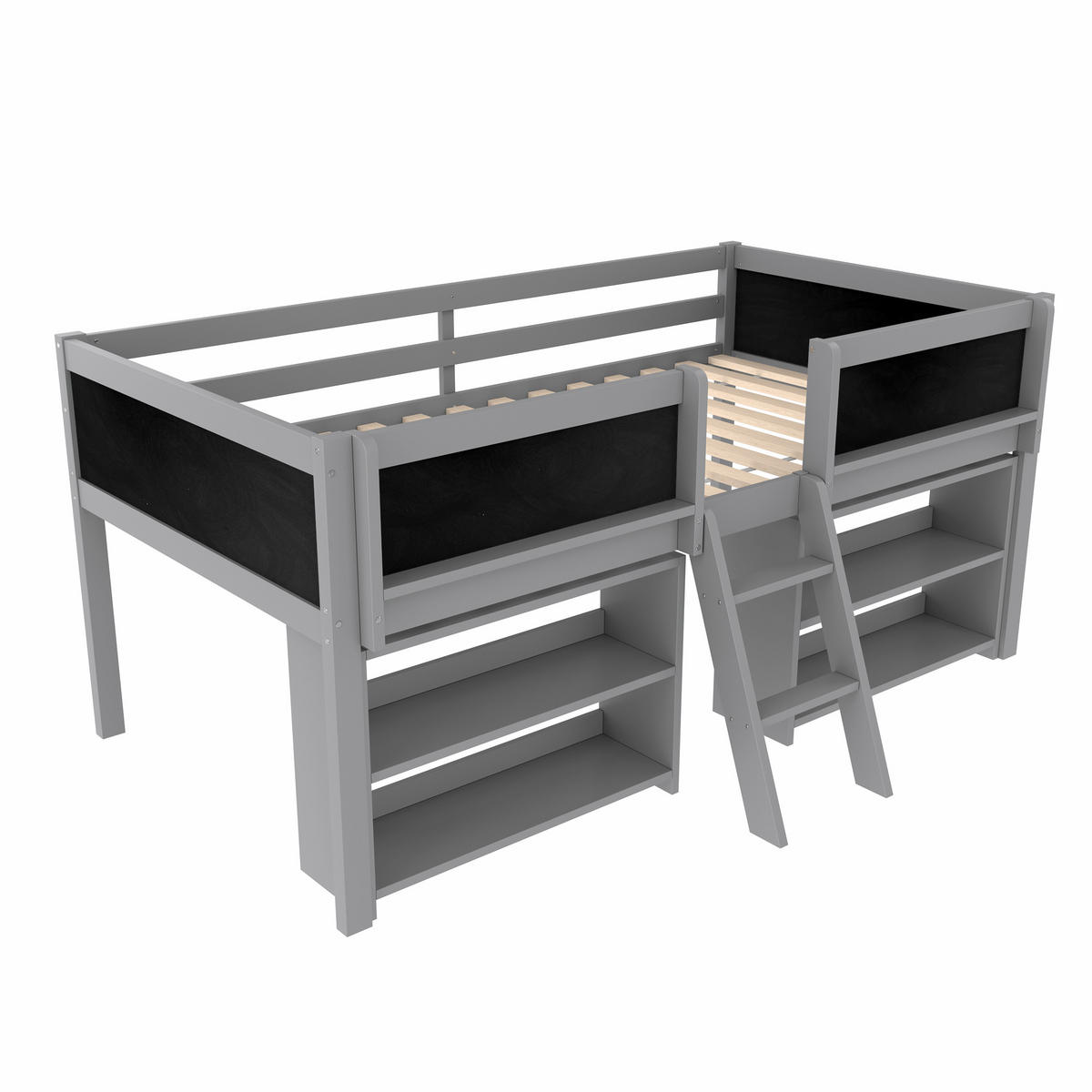 HOCHBETT 90/200 cm in Grau Kiefer mit Regal und Zeichentafel - Schwarz/Grau, Holz/Holzwerkstoff (90/200cm) - WISHDOR