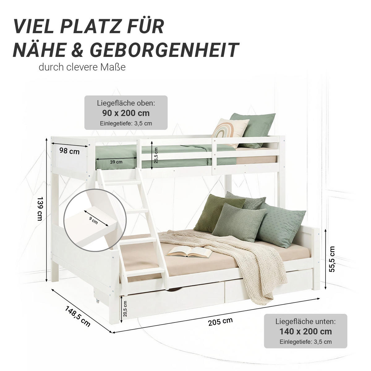 ETAGENBETT 90/200 cm 180/200 Weiß Stauraum - Weiß, Holz (140/200cm) - Homestyle4u
