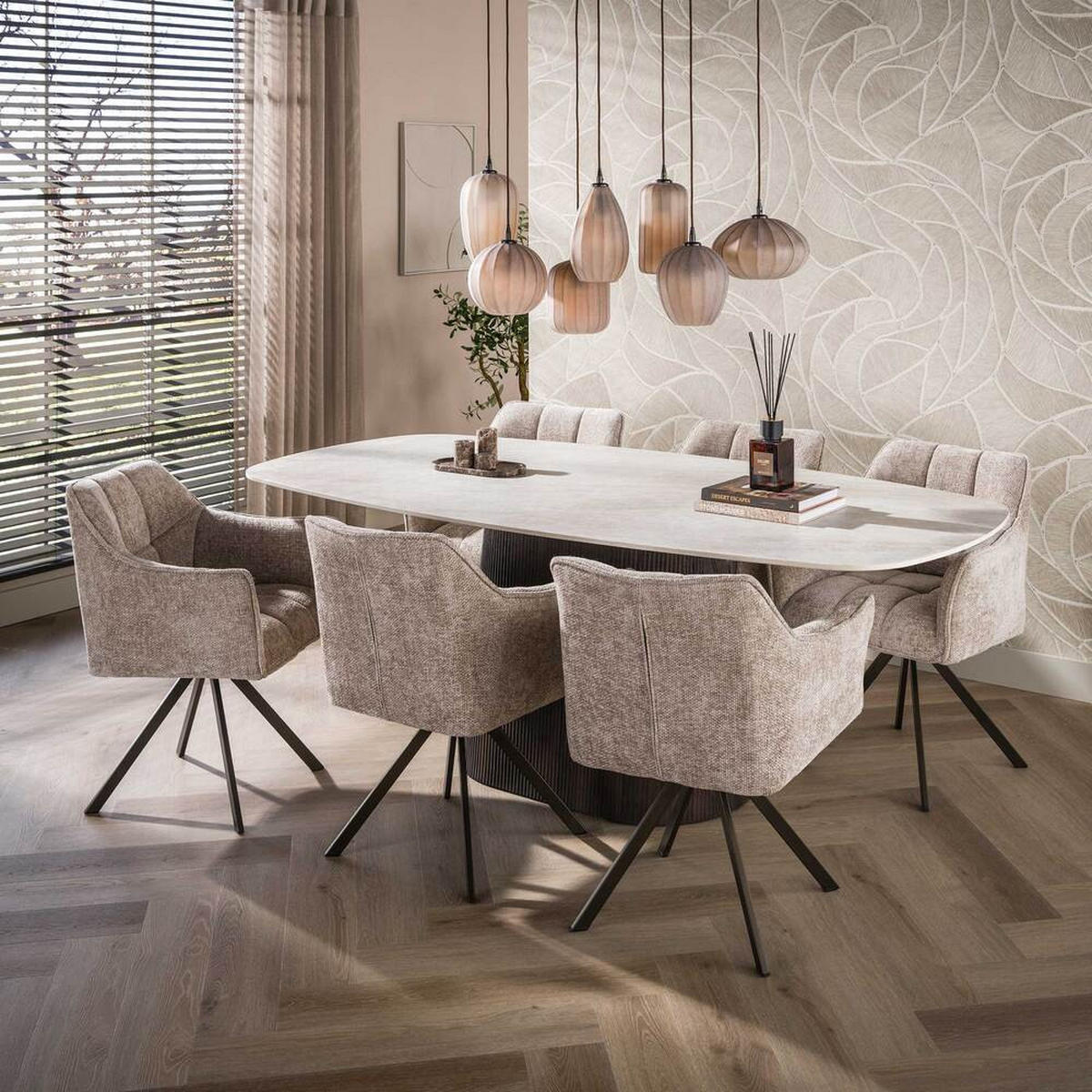 ESSTISCH CERAMO CENTO Dänisch ovaler Premium-Tisch mit 3D-Keramikplatte & Rillen-Säule 215 cm - Dunkelblau, Keramik (105/215/77cm) - alesvelt