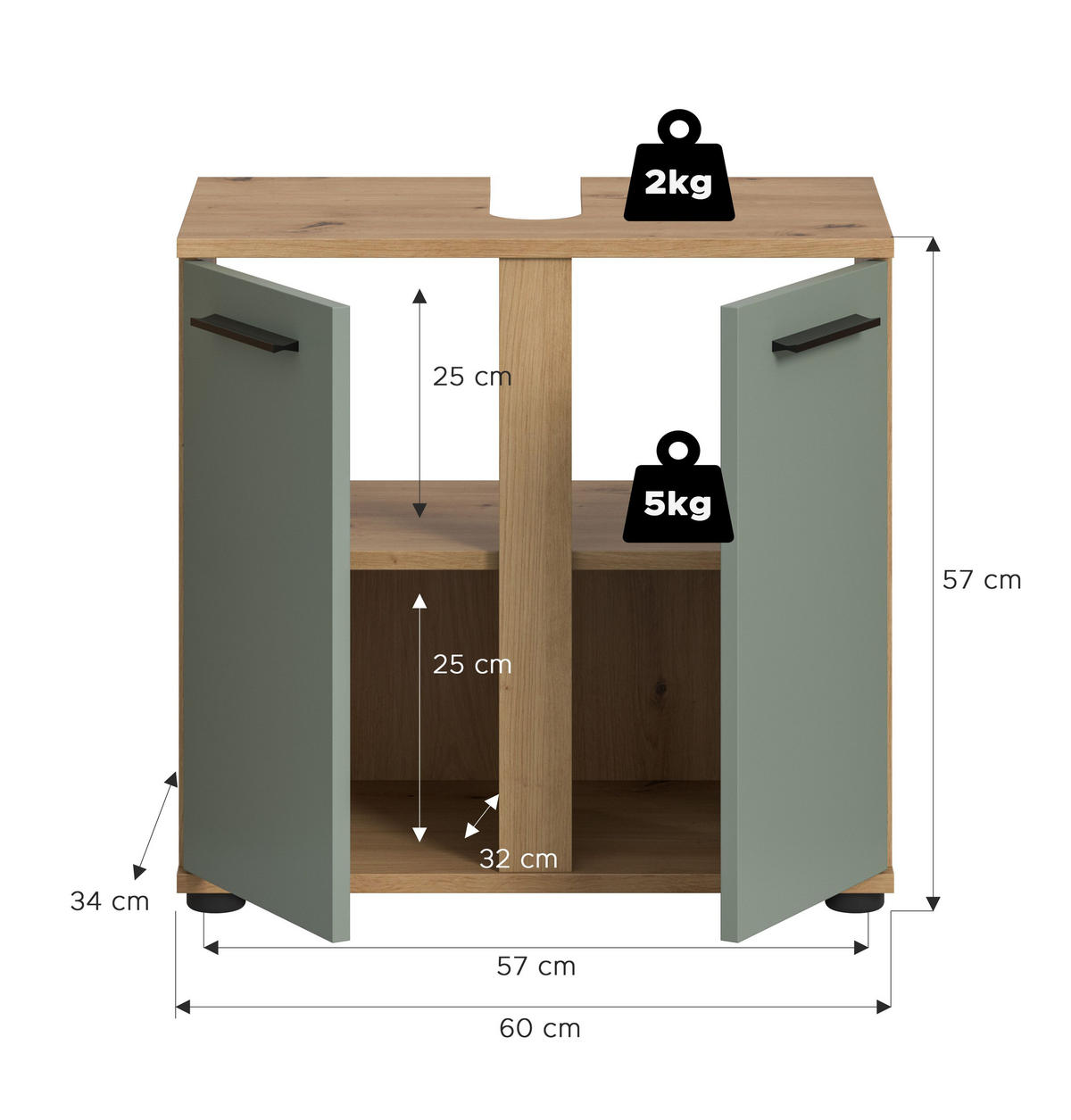 WASCHBECKENUNTERSCHRANK Flint (B/H/T: 60x57x34 cm) in Salbei und Artisan Eiche Nachbildung - Eiche Artisan, Holz (60/57/34cm) - Homes & Jones