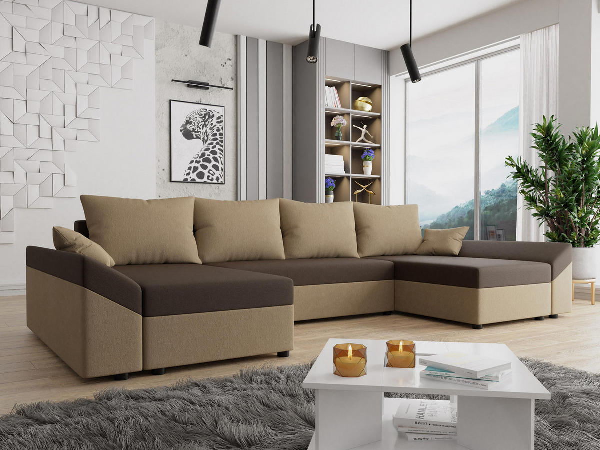 WOHNLANDSCHAFT Dante U - Beige/Schwarz, Holz/Kunststoff (310/82/140cm) - MIRJAN24