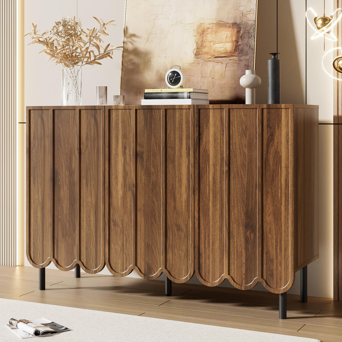 SIDEBOARD Holzoptik, gewellte Türen, für Wohnraum - Kastanienfarben, Holz (120/80/35cm)