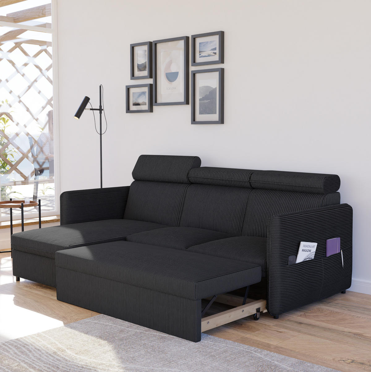 ECKSOFA mit Schlaffunktion und Bettkasten, Schwarz - Schwarz, Holzwerkstoff/Textil (220/140cm) - Idohome