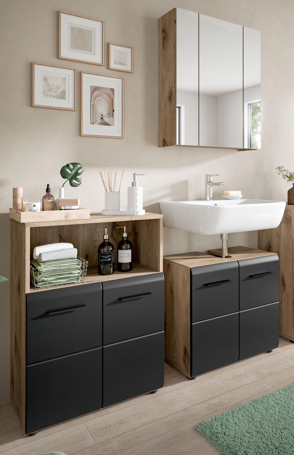 BADMÖBEL-SET 3-teilig in schwarz matt und Eiche Badezimmer mit Spiegelschrank, 135 x 185 cm - Eichefarben/Schwarz, Glas/Holzwerkstoff (135/185/30cm) - Inn.Furn